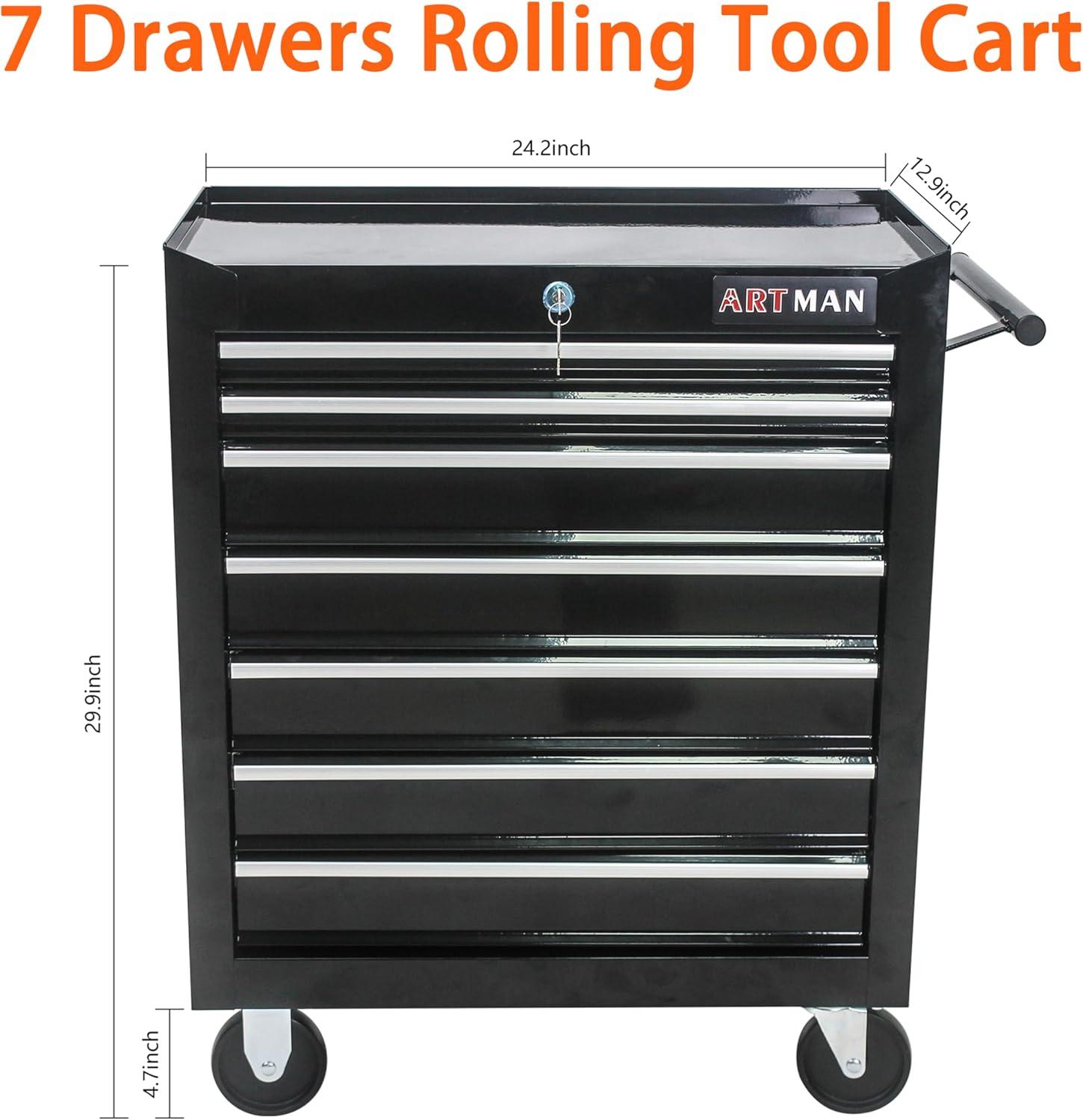 7 Drawer Tool Cart on Wheels, Tool Storage Cabinet with Key Lock, Versatile Rolling Tool Cart for Garages, Warehouses and Repair Shops, Black