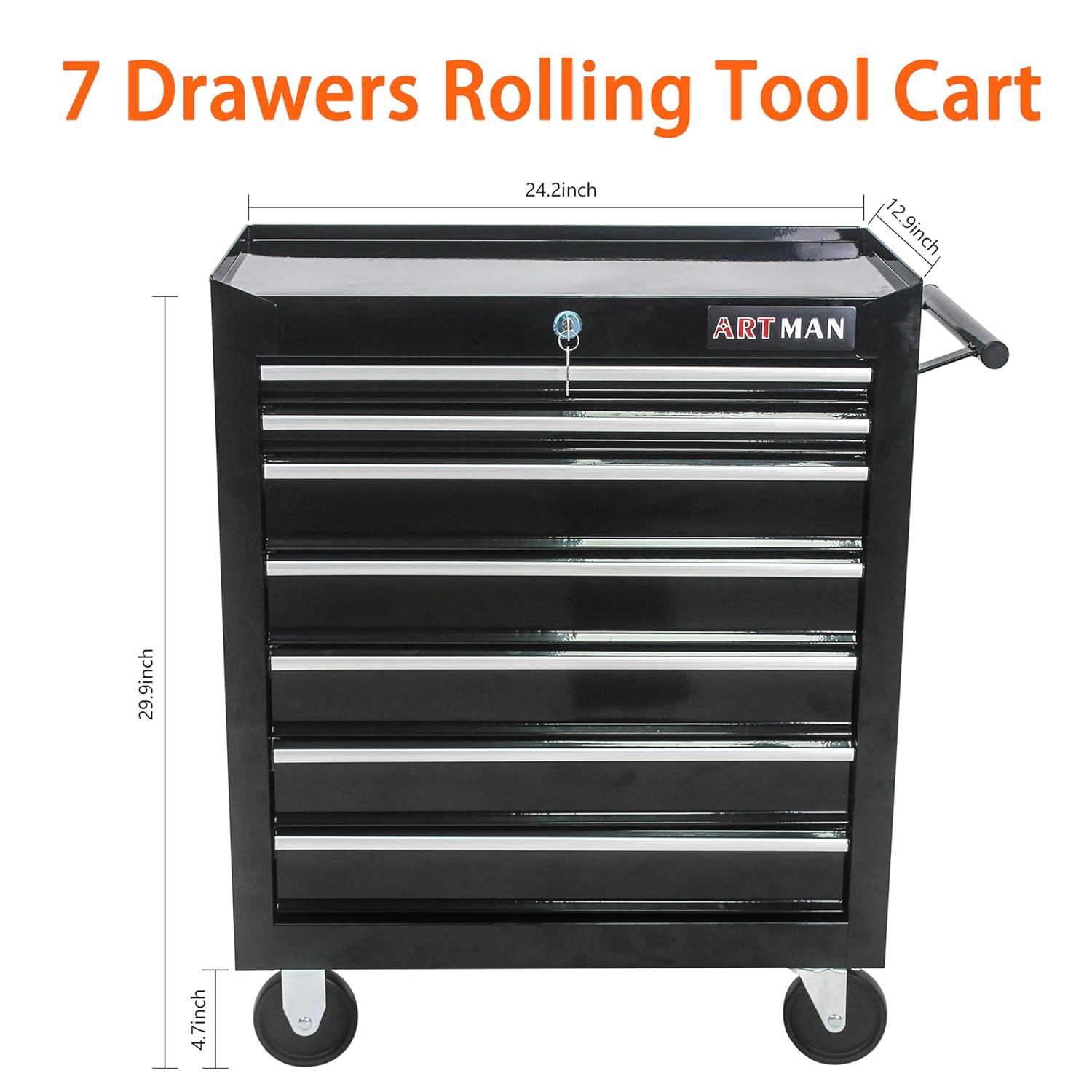 7 Drawer Tool Cart on Wheels, Tool Storage Cabinet with Key Lock, Versatile Rolling Tool Cart for Garages, Warehouses and Repair Shops, Black