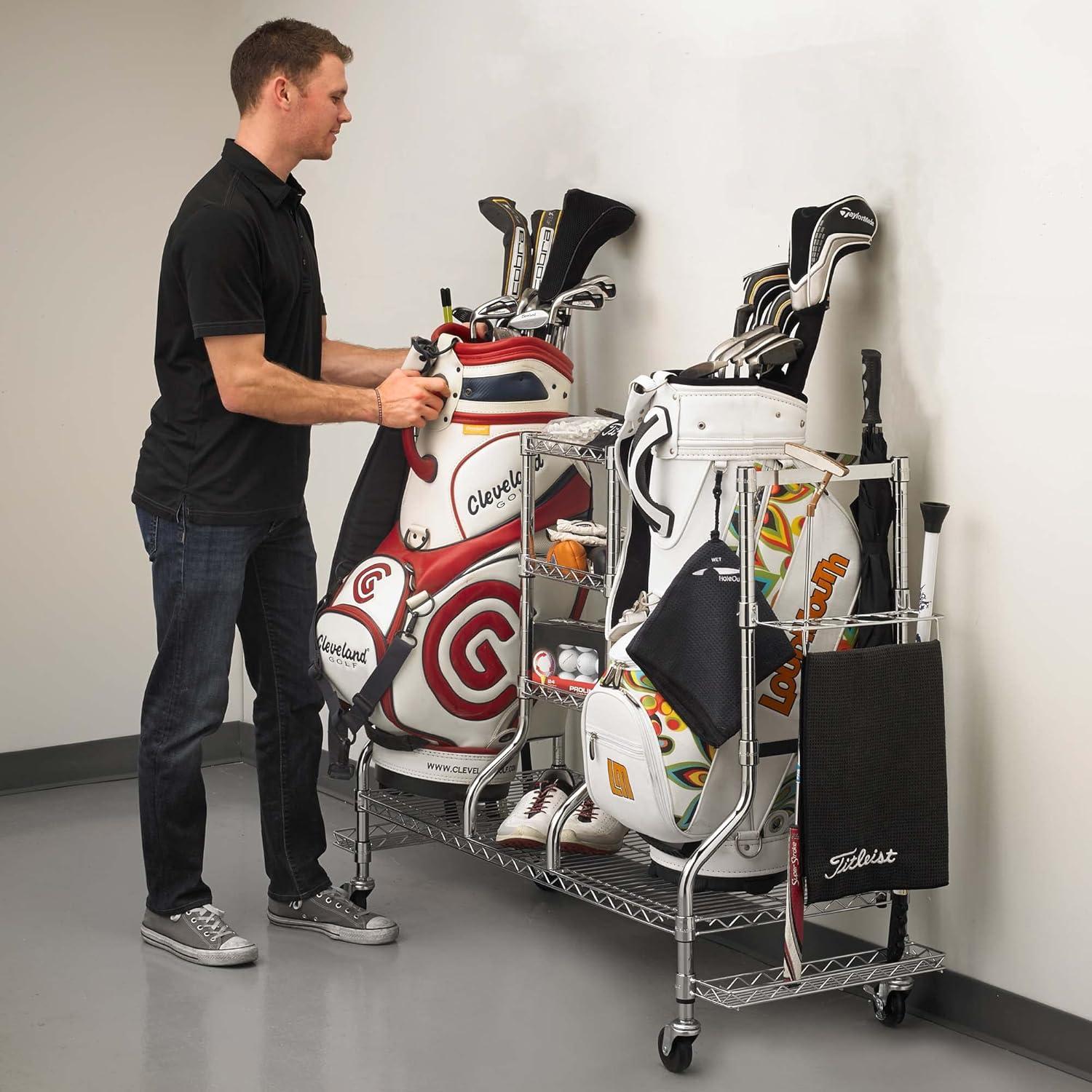 MonsterRax Standard Golf Storage Rack for 2 Large Golf Bags and Golf Accessories