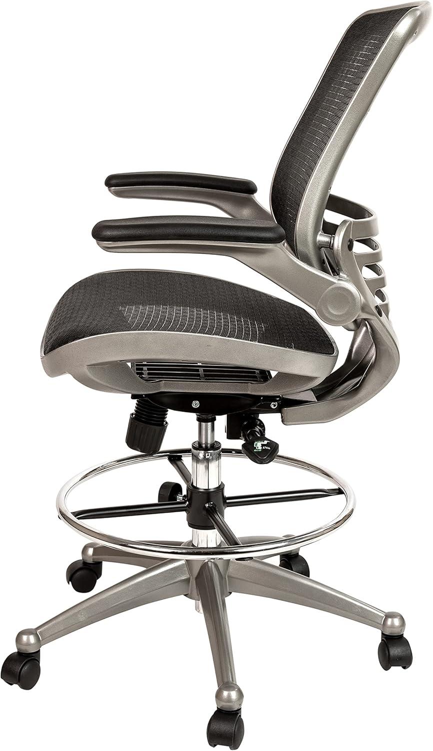 Flash Furniture Mid-Back Transparent Black Mesh Drafting Chair with Graphite Silver Frame and Flip-Up Arms