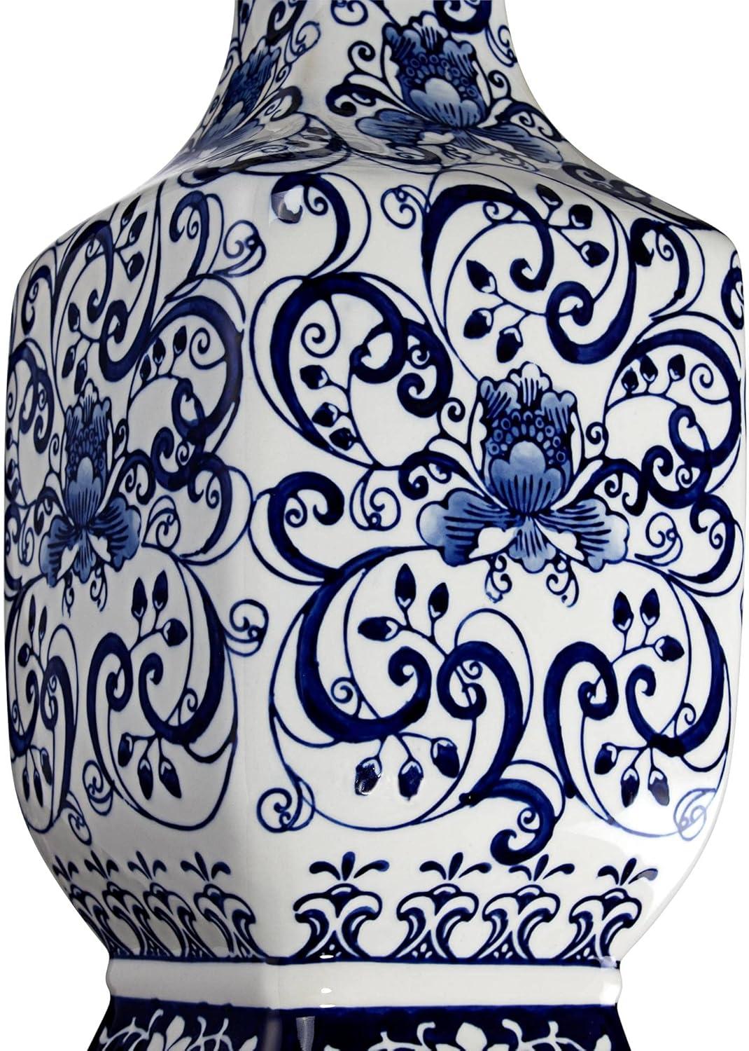 Barnes and Ivy Iris Asian Table Lamp 28" Tall Porcelain Blue Floral Jar Geneva White Drum Shade for Bedroom Living Room Bedside Nightstand Office Kids