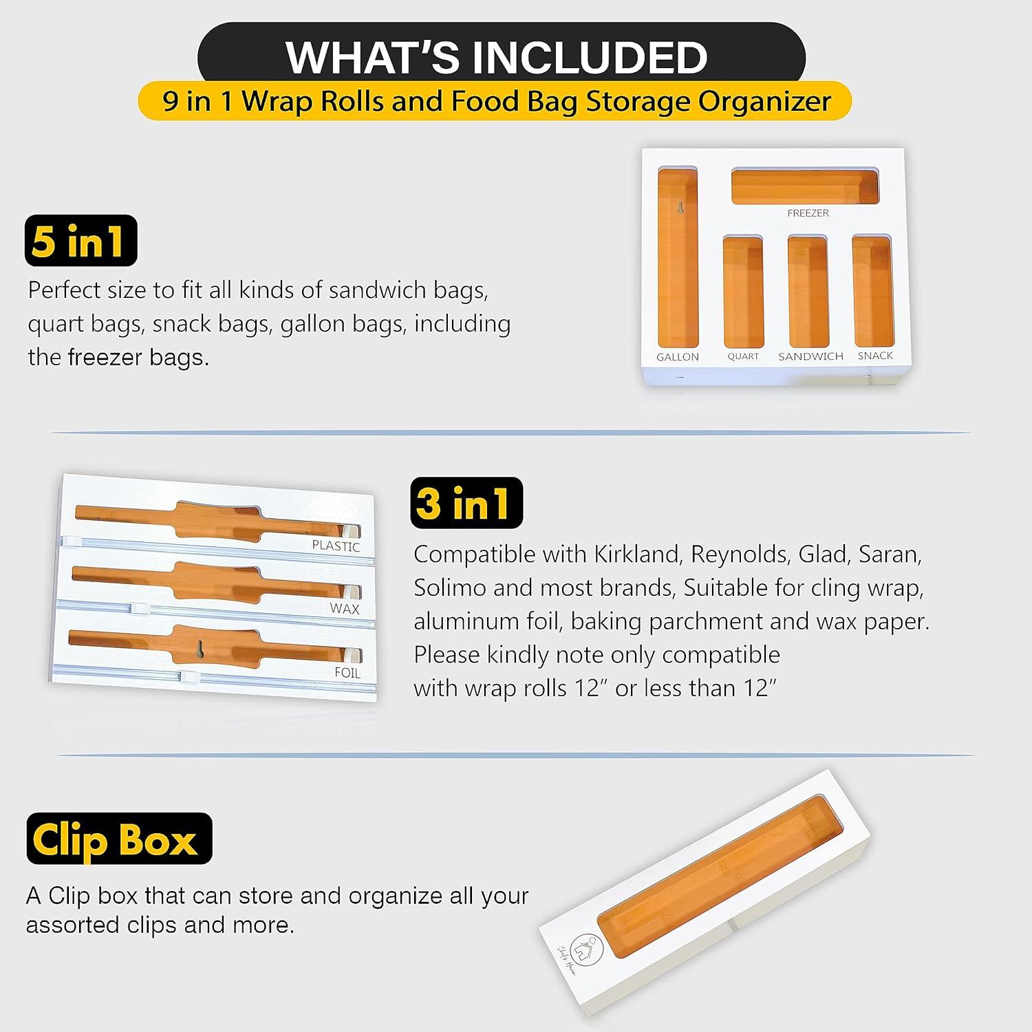 Chef's Haven 9 IN 1 Storage Bag Organizer, Foil and Plastic Wrap Organizer with Cutters, Bamboo Kitchen Baggie for Drawer, Pantry & Countertop, Storage for Gallon, Quart, Sandwich, Snack Bag