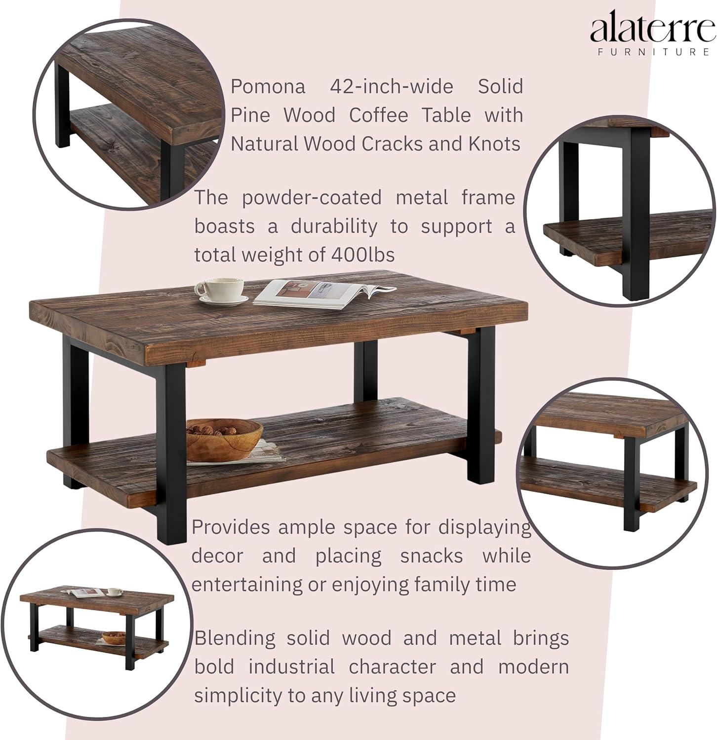 Alaterre Furniture 42" Pomona Wide Coffee Table Wood Rustic Natural: Fixed Shelf, Metal Frame, Living Room Furniture