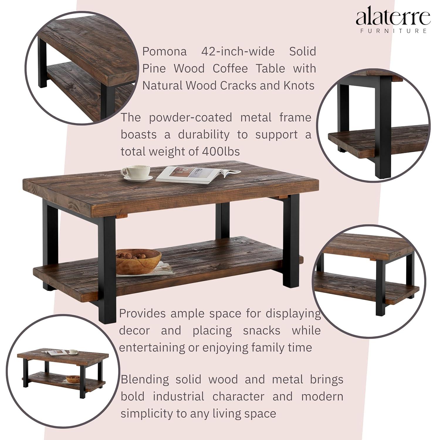 Alaterre Furniture 42" Pomona Wide Coffee Table Wood Rustic Natural: Fixed Shelf, Metal Frame, Living Room Furniture