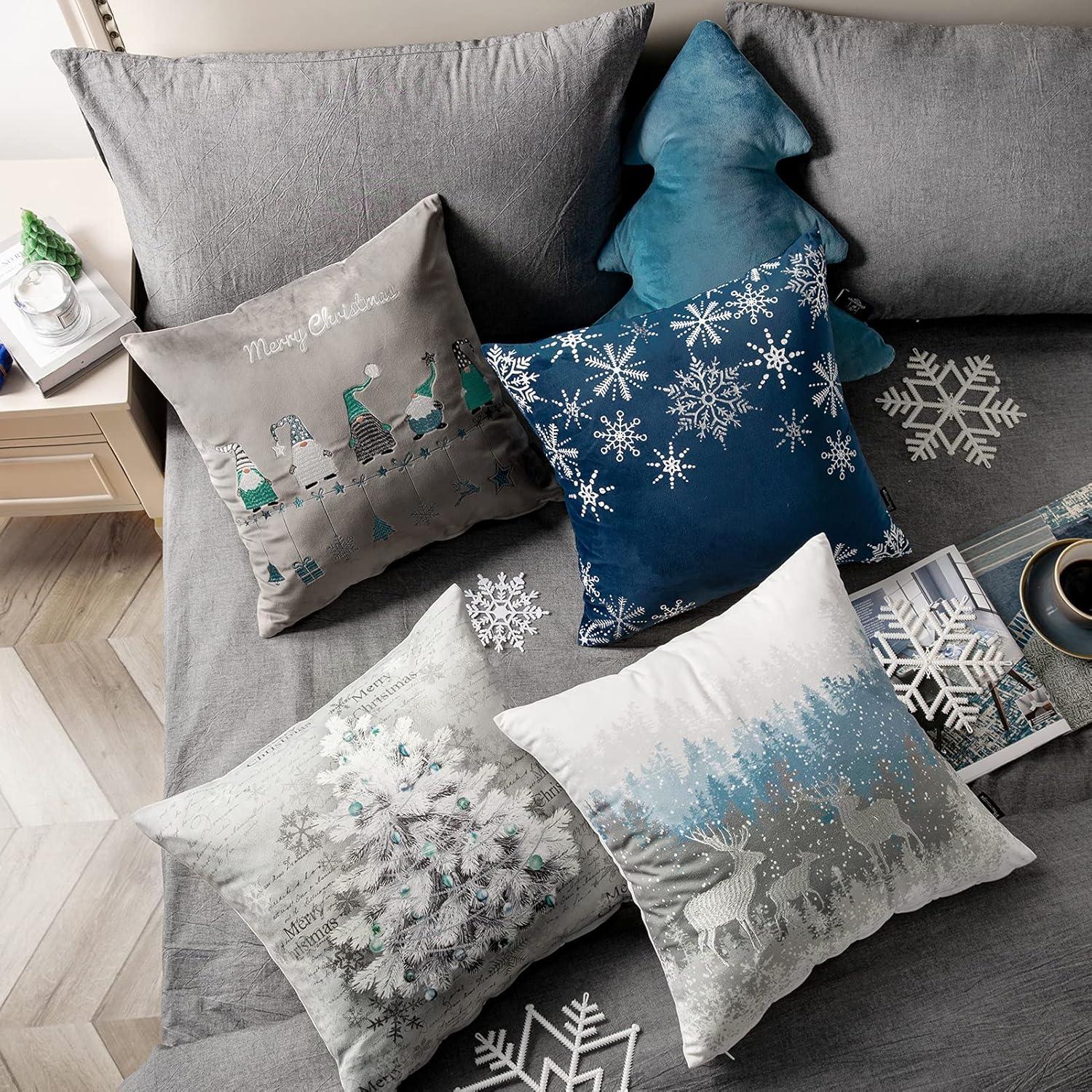 Phantoscope Merry Christmas Decorative Velvet Embroidery Throw Pillow Cover with Snowflake, Trees