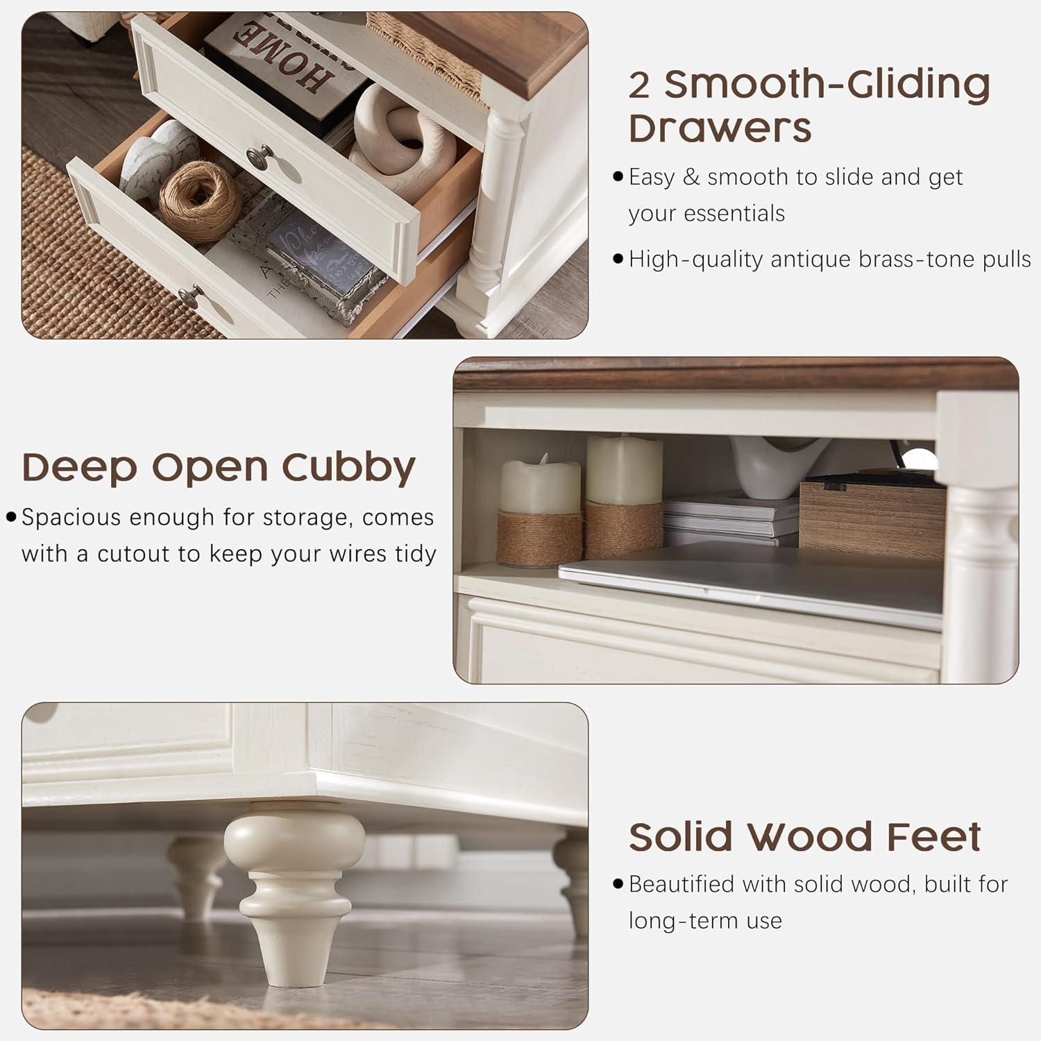 OKD Rushville Farmhouse 2 - Drawers Nightstand with Charging Station, Tall Rustic Wood Square End Table with Open Shelf