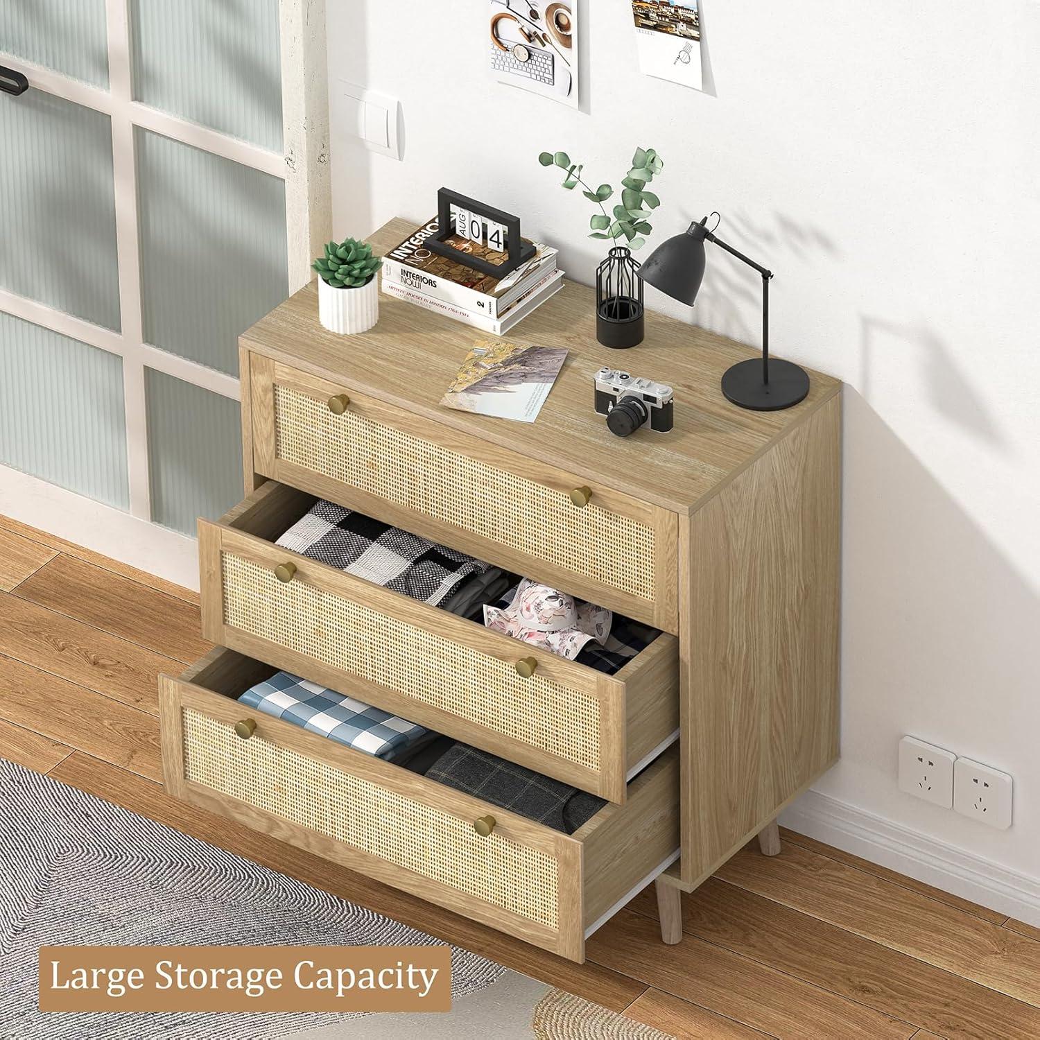 Bohemian Oak and Rattan 3-Drawer Dresser with Gold Handles