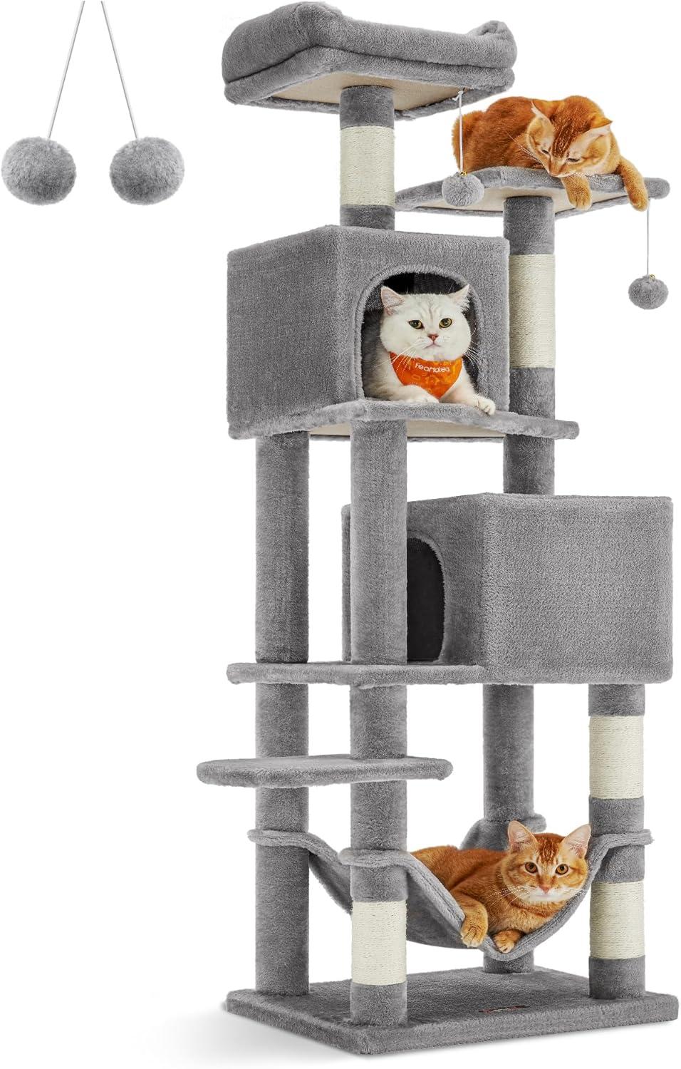 Feandrea 61"H Cat Tree Cat Tower for Indoor Cats, Plush Multi-Level Cat Condo with Scratching Posts, Perches, Caves, Hammock, Light Gray