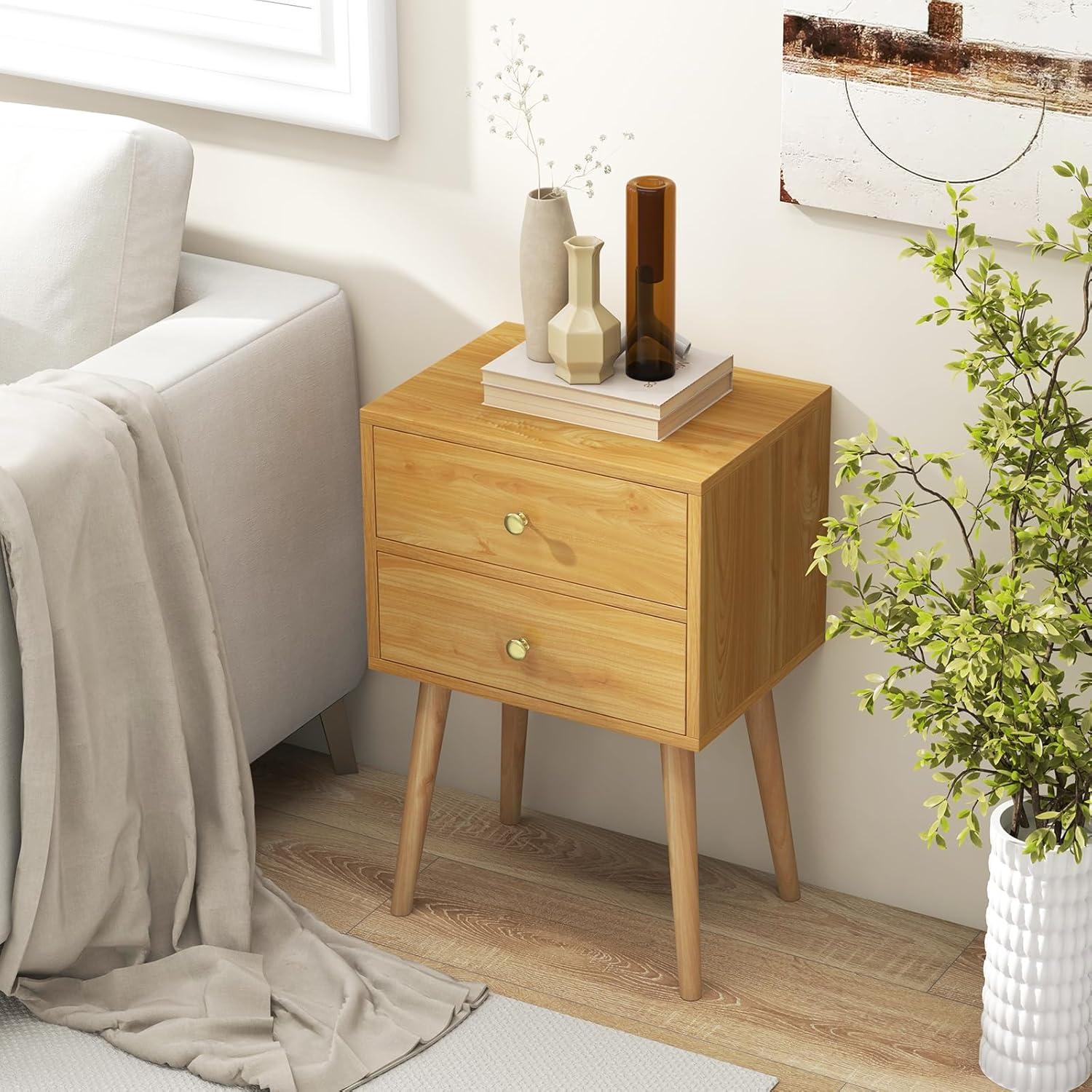 Nightstand W/2 Drawers For Bedroom Living Room Small Spaces Modern Home Furniture Simple Natural Legs Storage End Side Tables (1, Natural)