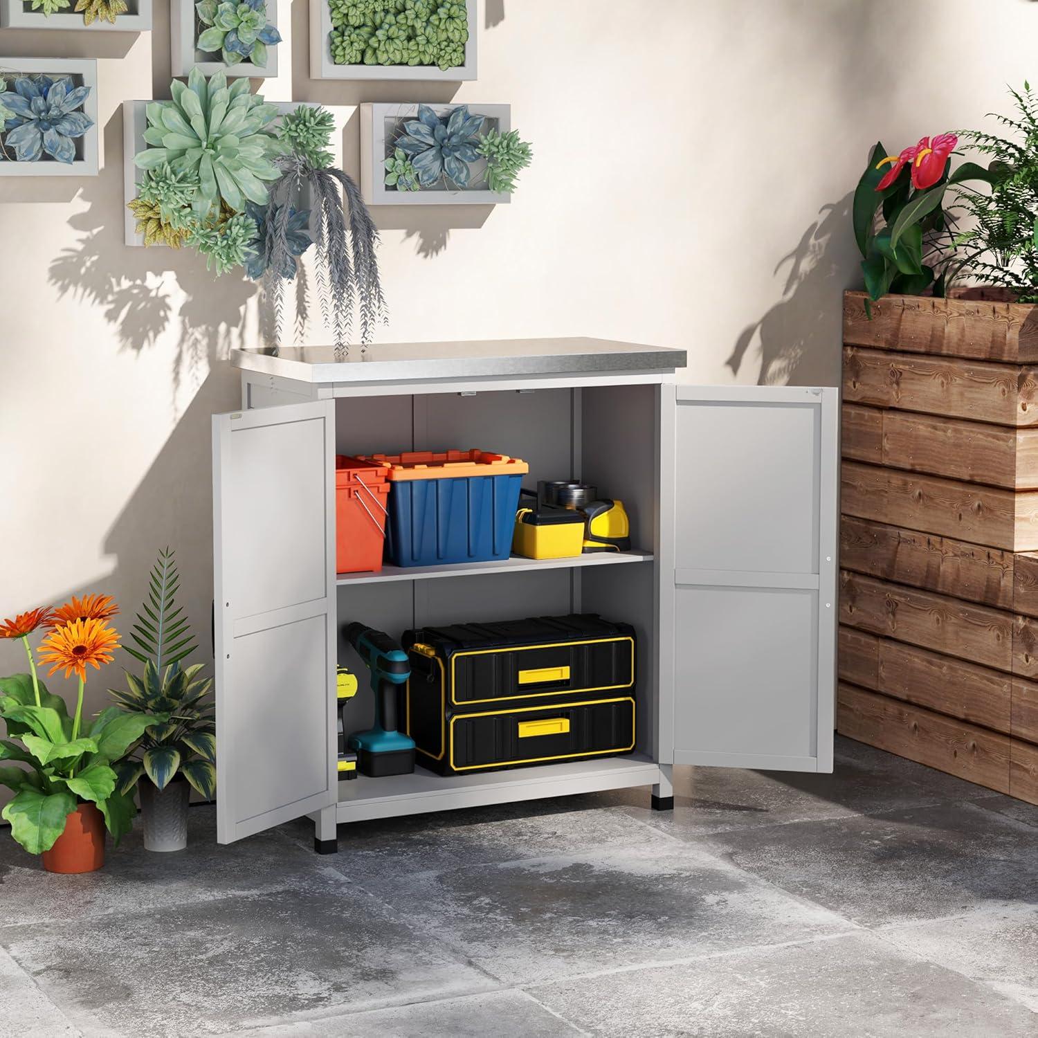 Outsunny Wooden Storage Cabinet, Outdoor Prep Station with Metal Tabletop and Shelf, Patio Storage Cabinet with Double Doors, Gray