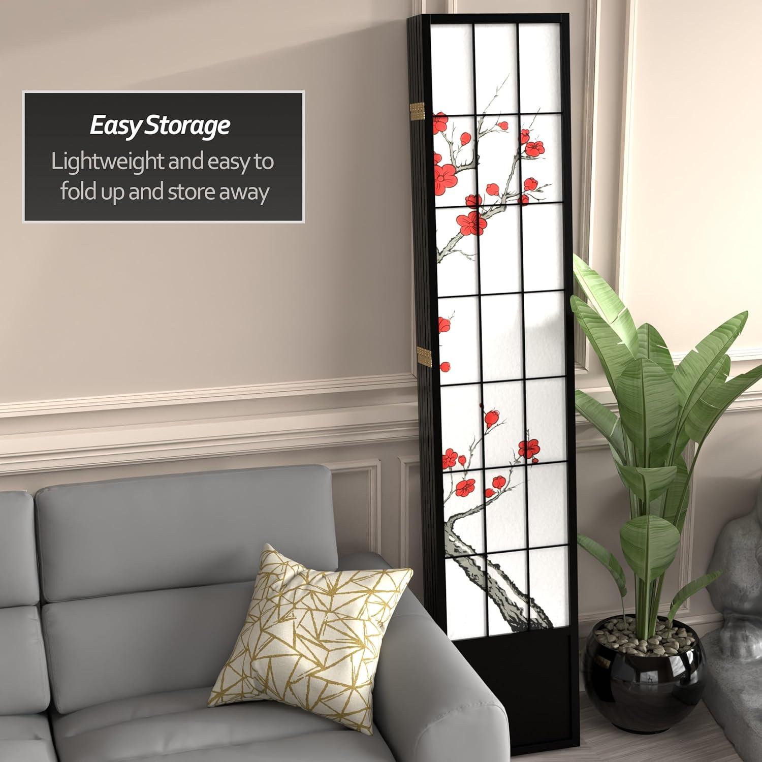 Oriental Furniture 7 ft. Tall Cherry Blossom Shoji Screen - Black - 6 Panel