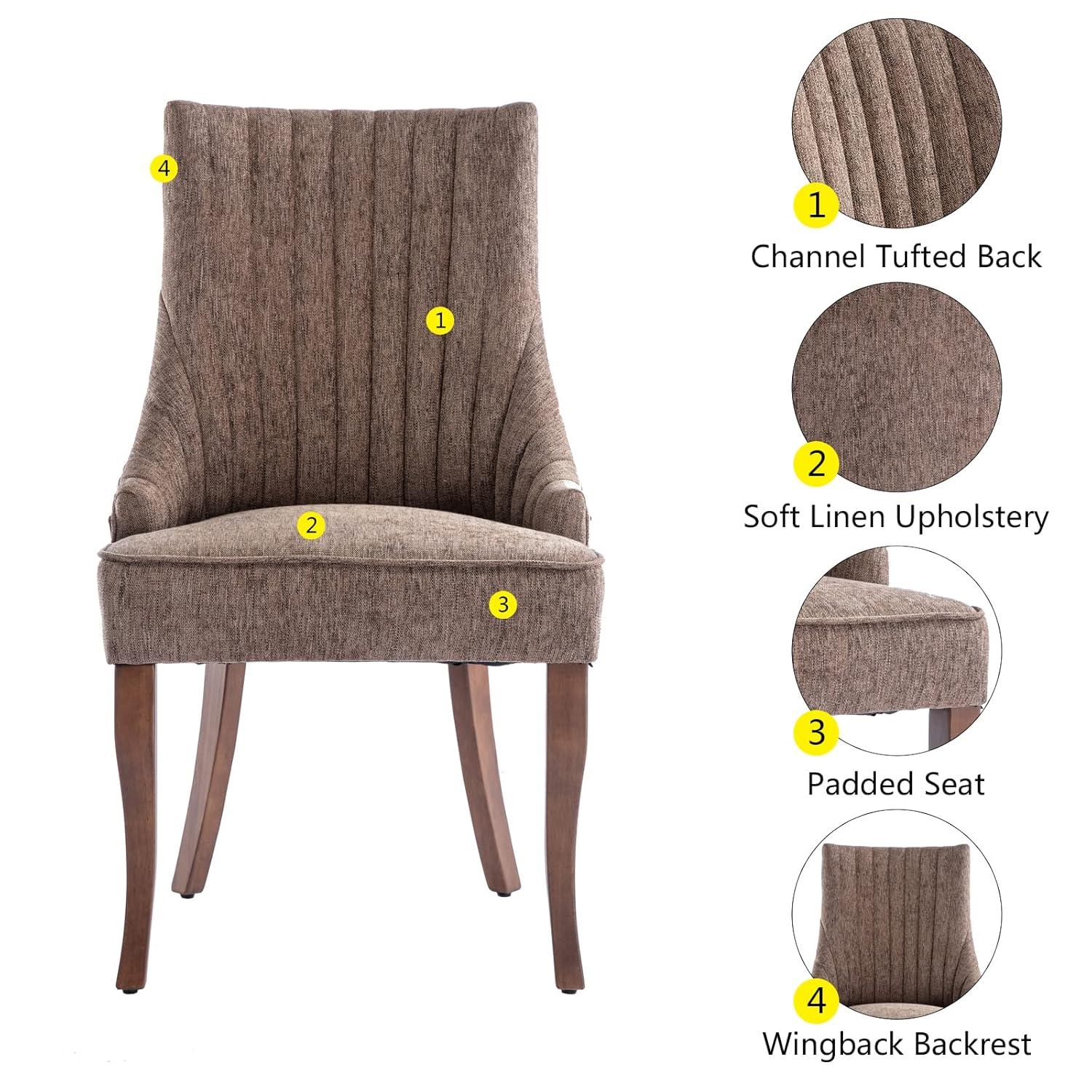 mikibama Linen Dining Chairs Set of 4 Channel Tufted Kitchen Dinner Chair Comfy Fabric Upholstered Accent Chair for Dining Room with Solid Wood Legs (Brown 4pc)