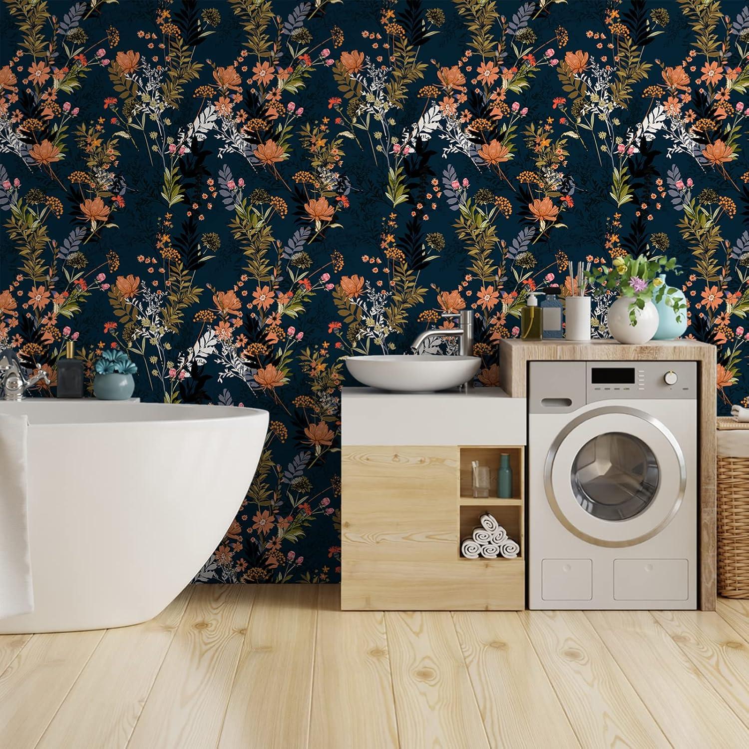 VEELIKE Midnight Blue Meadow Floral Peel and Stick Wallpaper Wildflowers Floral Wallpaper 17.7x354'' Dark Blue Contact Paper for Cabinets Shelves Drawers Removable Wallpaper for Bedroom Bathroom Walls