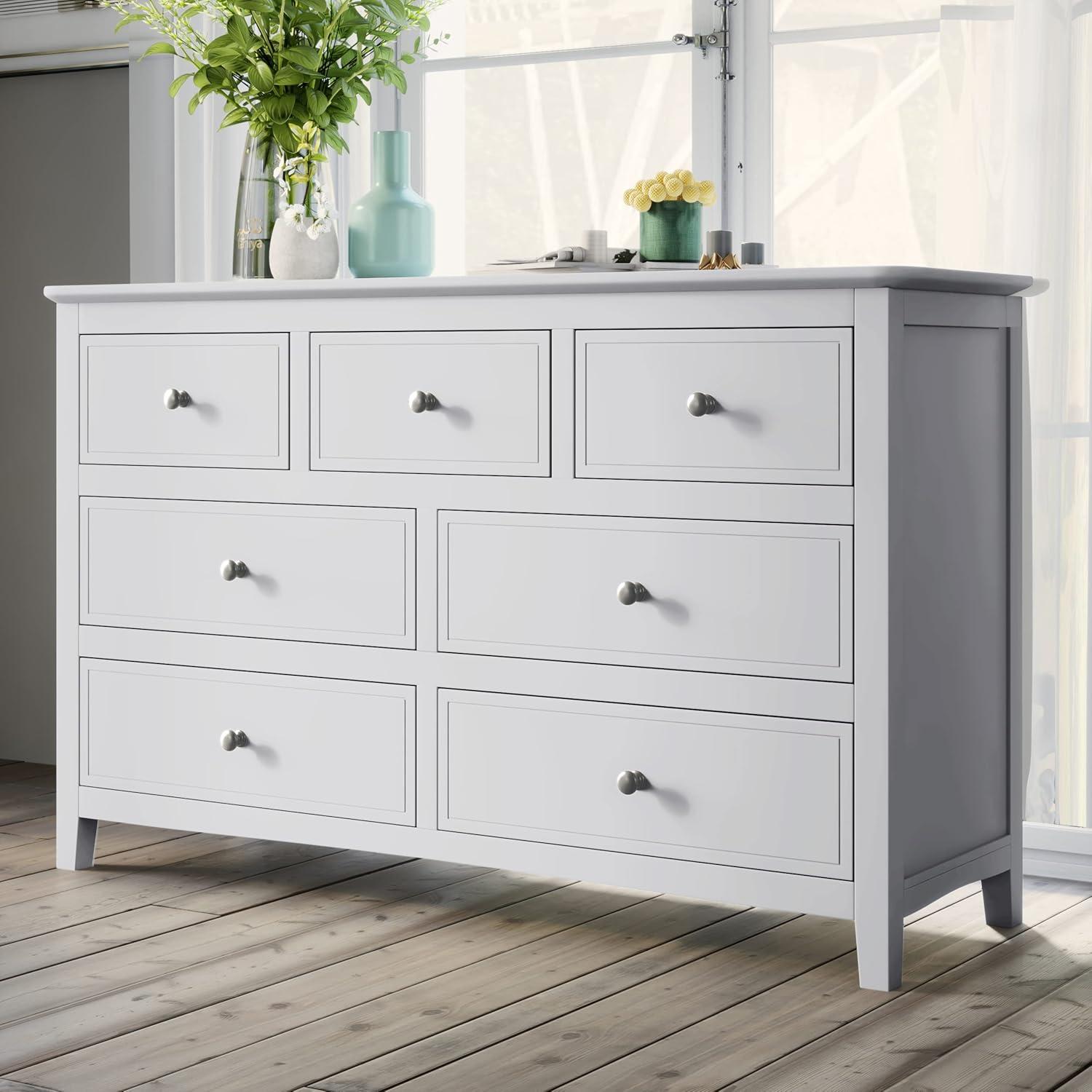 White Pine Wood Double Dresser with 7 Drawers