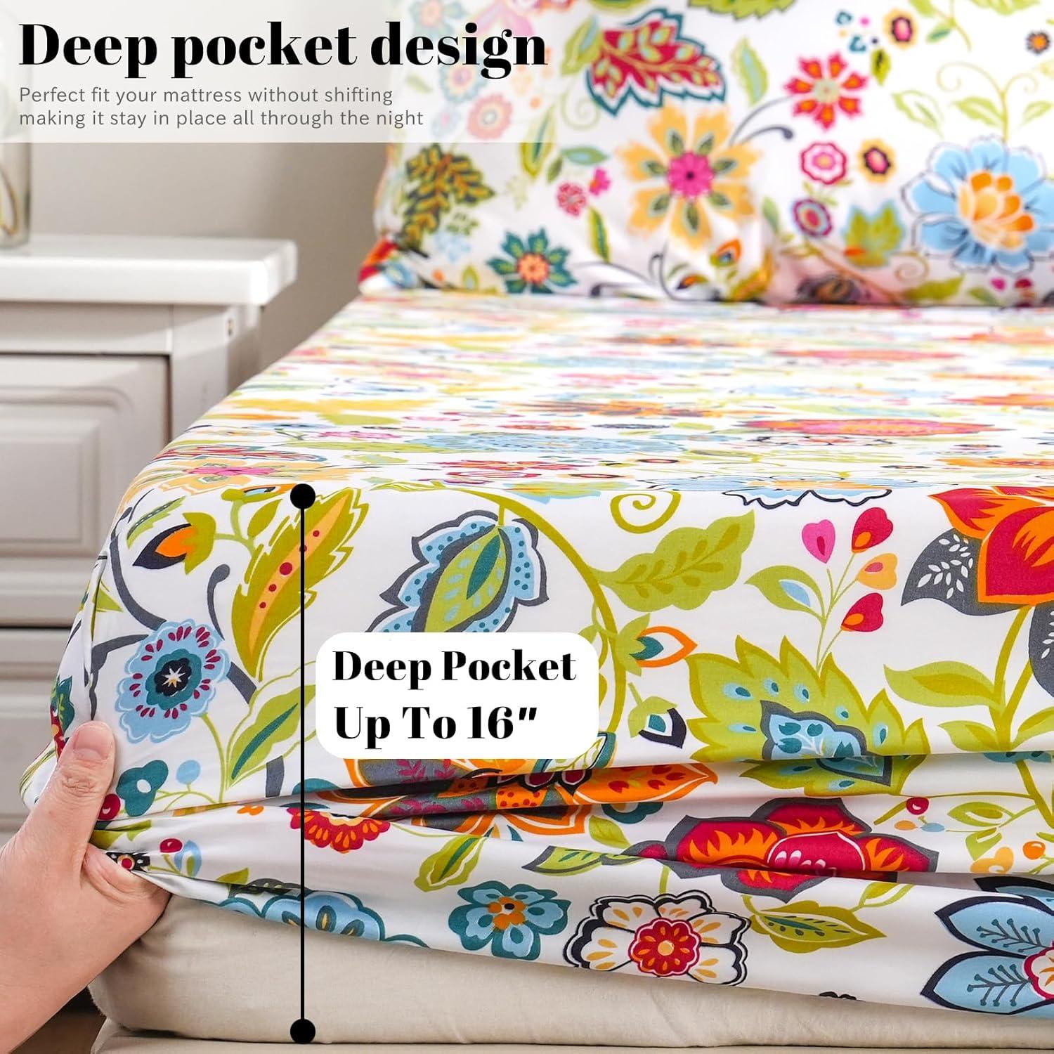 Bedlifes Full Sheet Set Ultra Soft, Breathable, Silky Flower Deep Pocket 100% Microfiber Bedding, 4 Piece Full Size with Floral Spring Design