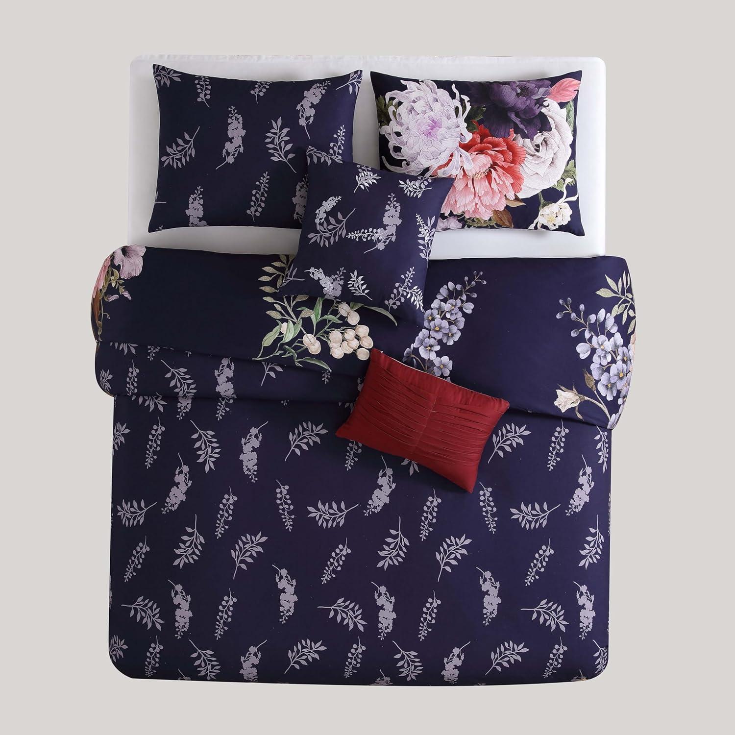 Queen Purple Floral Cotton Reversible Comforter Set