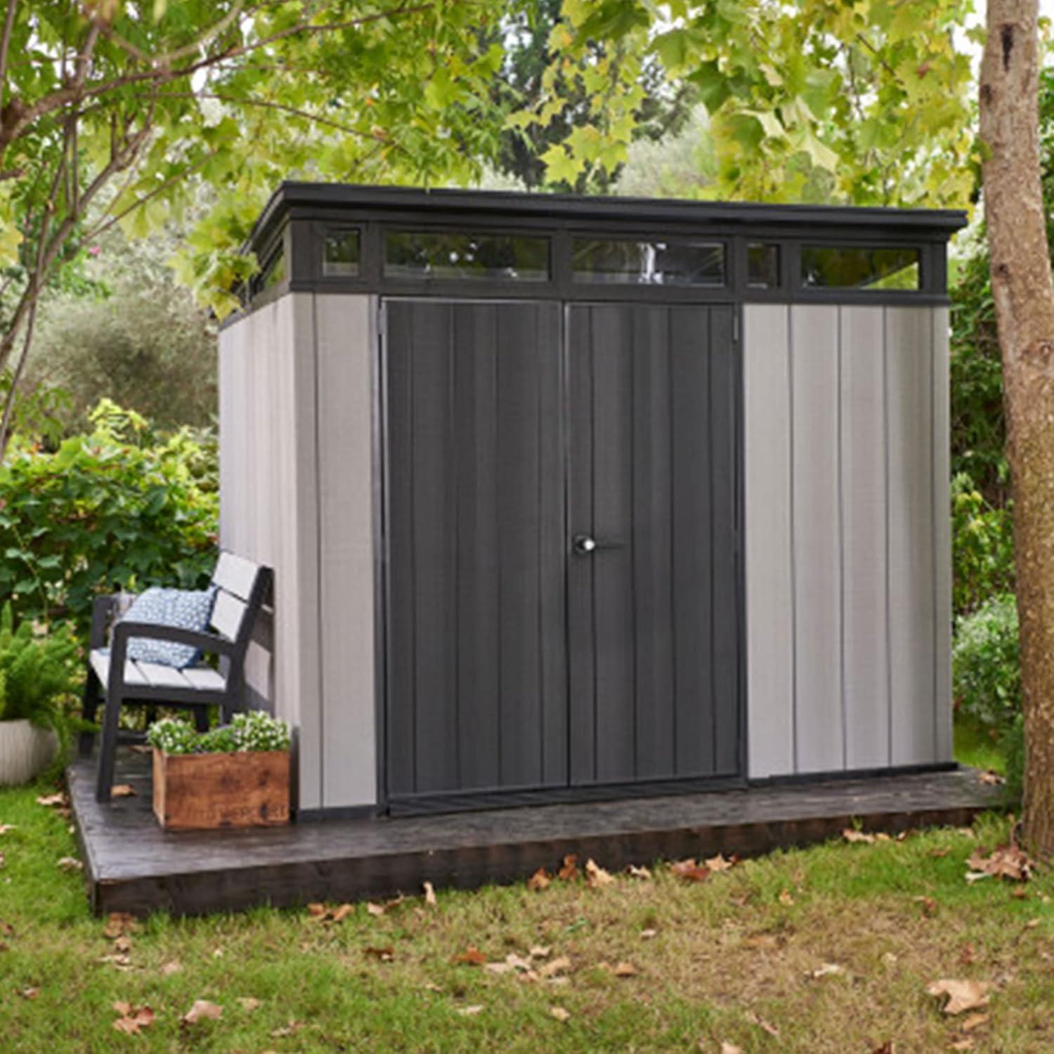 Keter Keter Artisan 9x7 ft. Modern Durable Resin Outdoor Storage Shed With Floor and Double Doors for Garden Patio Furniture and Tools, Grey