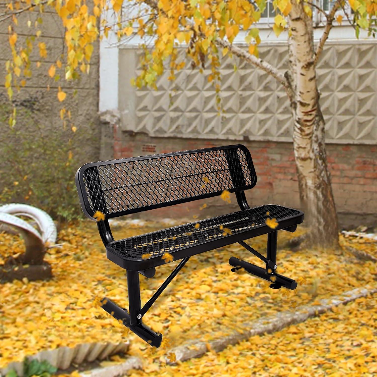 Global Industrial  4 ft. Outdoor Steel Bench with Backrest & Expanded Metal - Black