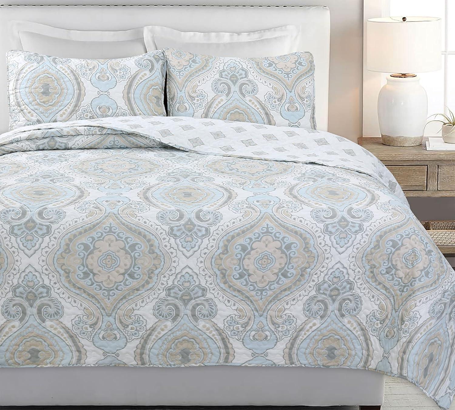 Cozy Line Home Fashion Modern Medallion Sky Blue Tan Gray Brocade Geometric Shapes Quilt Set