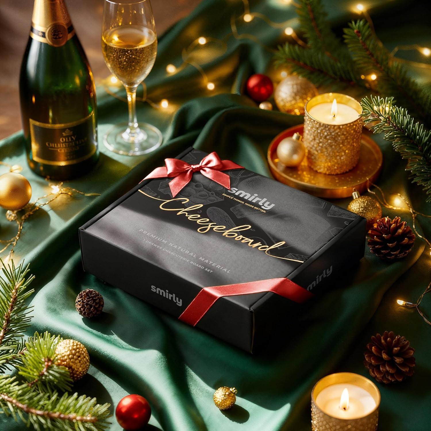 SMIRLY Charcuterie Board Set Large Bamboo Cheese Board with Fruit Tray & 2 Ceramic Bowls