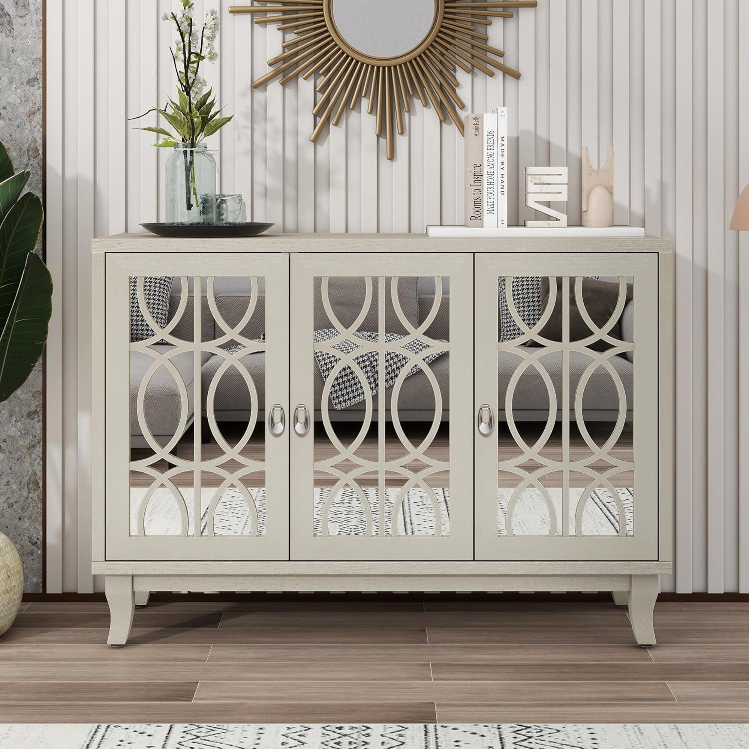 Champagne Gold Mirrored 3-Door Sideboard with Silver Handles