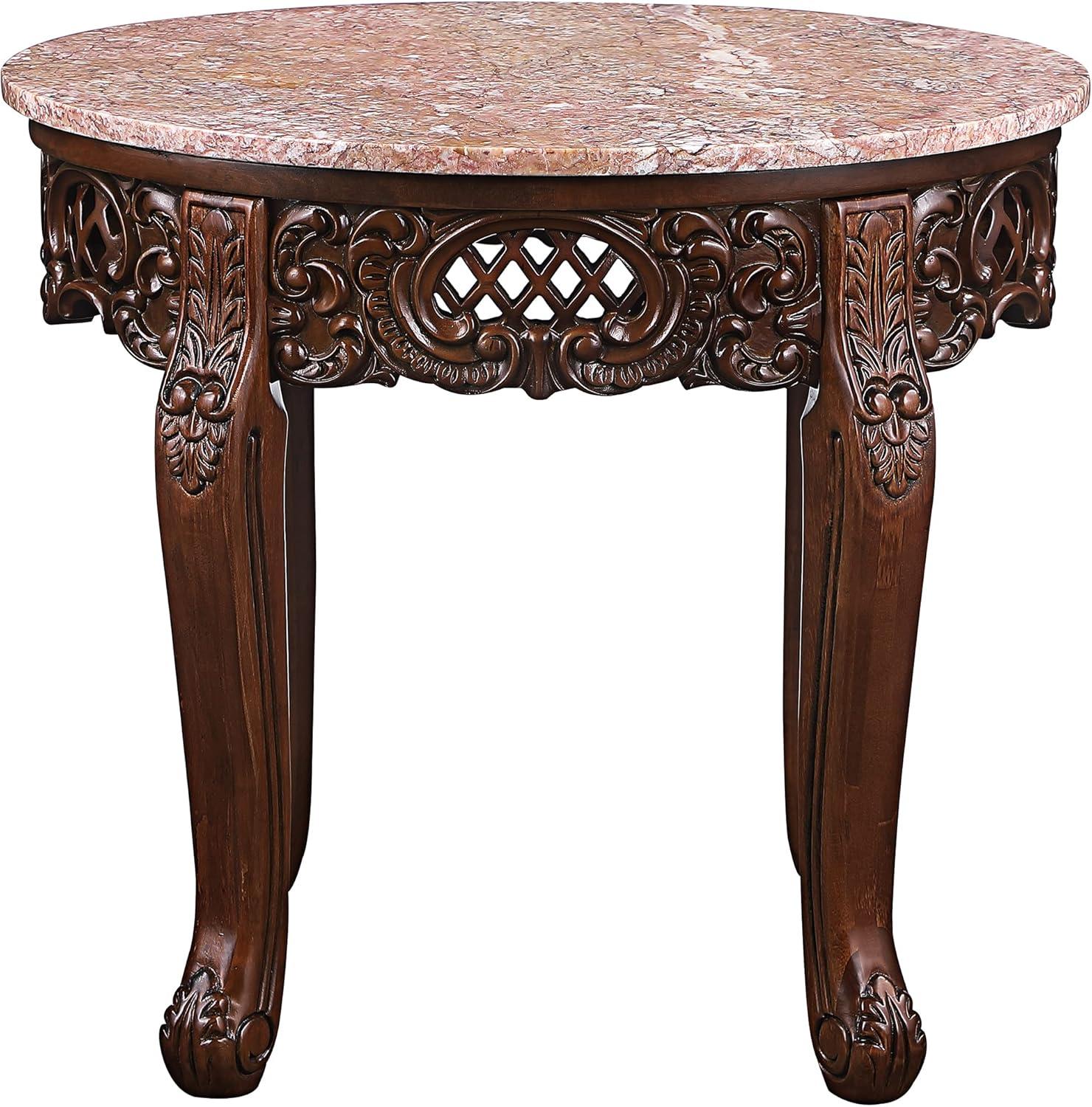 Chantret Hand-Carved Hardwood Side Table with Marble Top