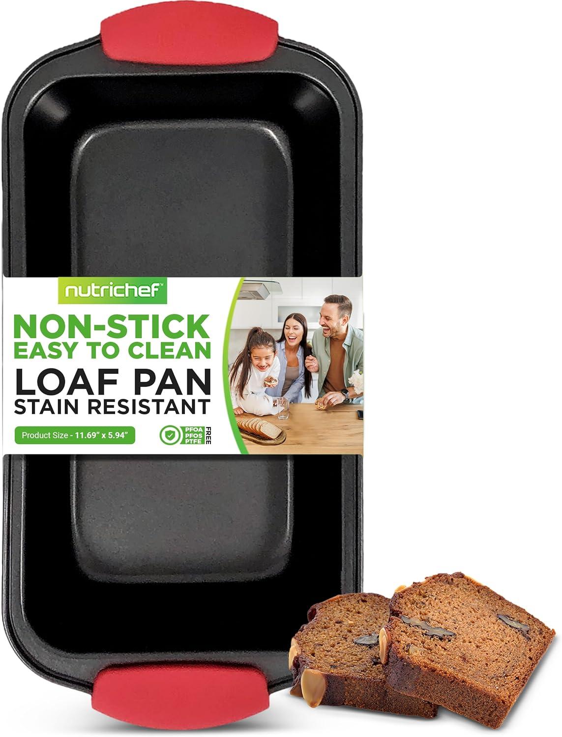 NutriChef Non-Stick Loaf Pan - Deluxe Nonstick Gray Coating Inside and Outside with Red Silicone Handles