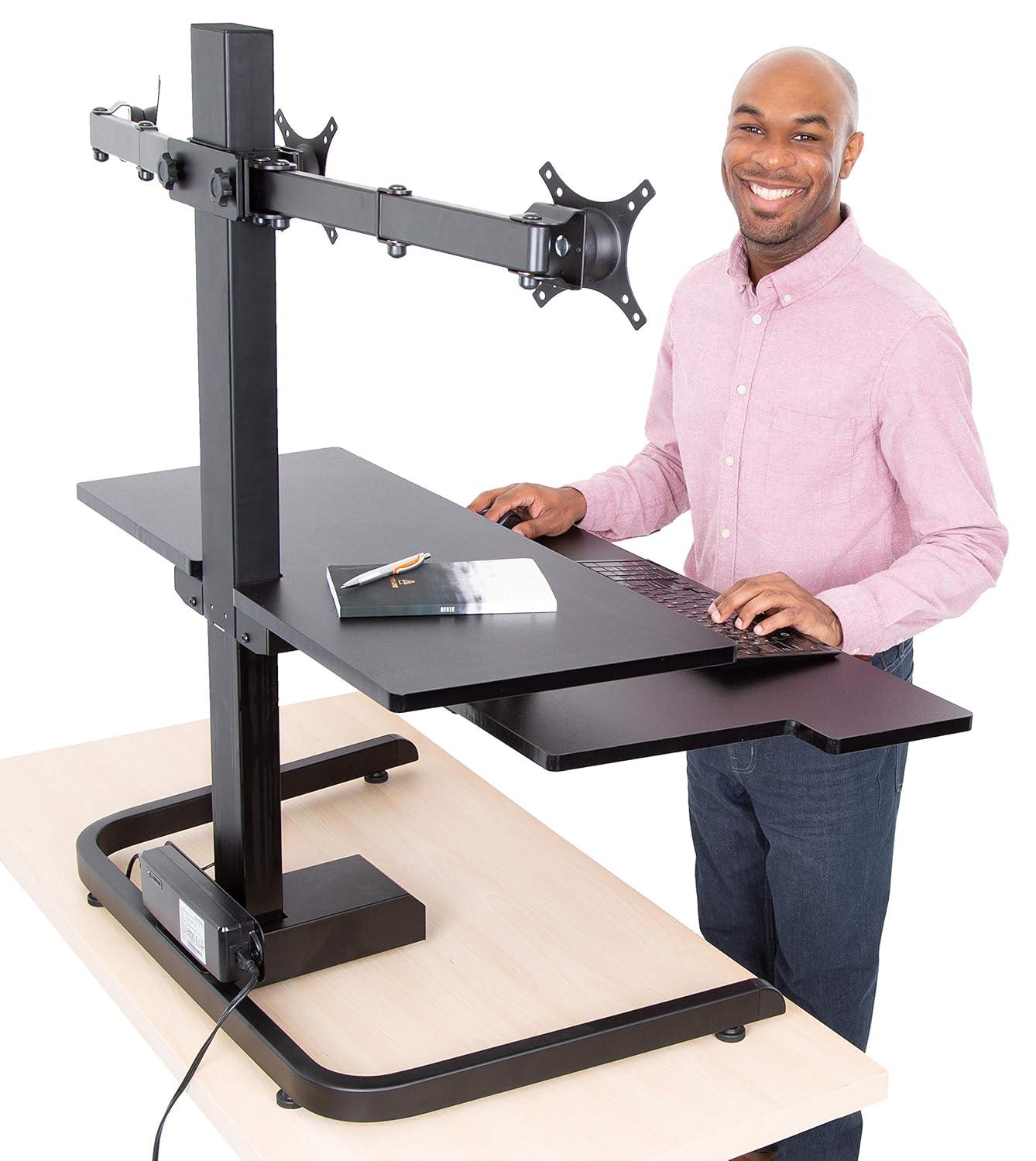 Techtonic Electric 3 Arm Monitor Mount Standing Desk - Sit to Stand Desk Converter with Keyboard Tray – Black – Stand Steady