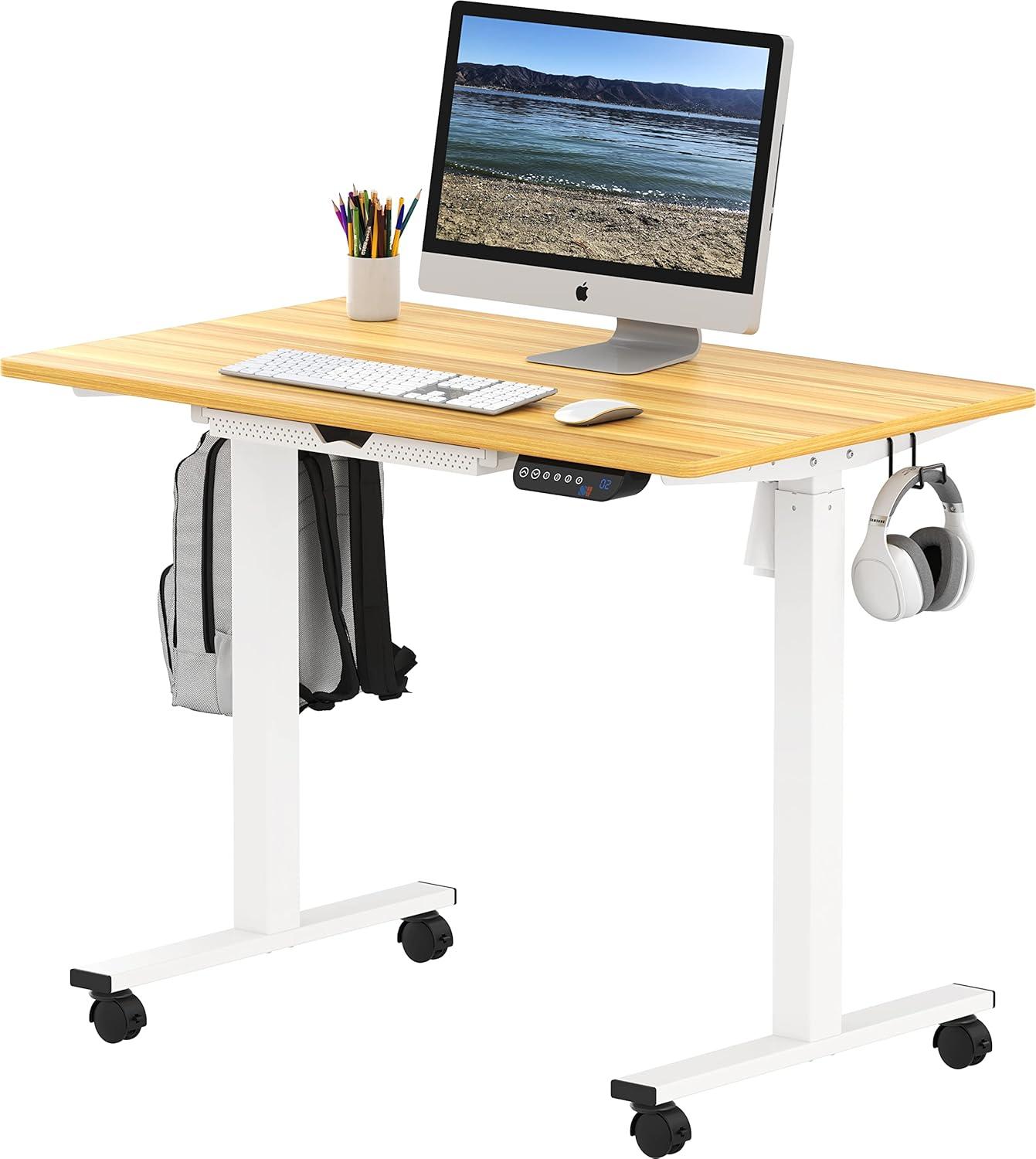 SHW 40-Inch Mobile Electric Height Adjustable Sit to Stand Desk with Drawer, Hanging Hooks and Cable Management, Oak