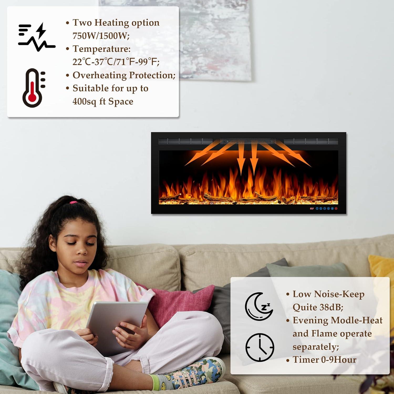 Tangkula 36"/40"/50" Recessed Electric Fireplace Wall Mounted Heater w/Remote Control 750W/1500W mode Adjustable Flame