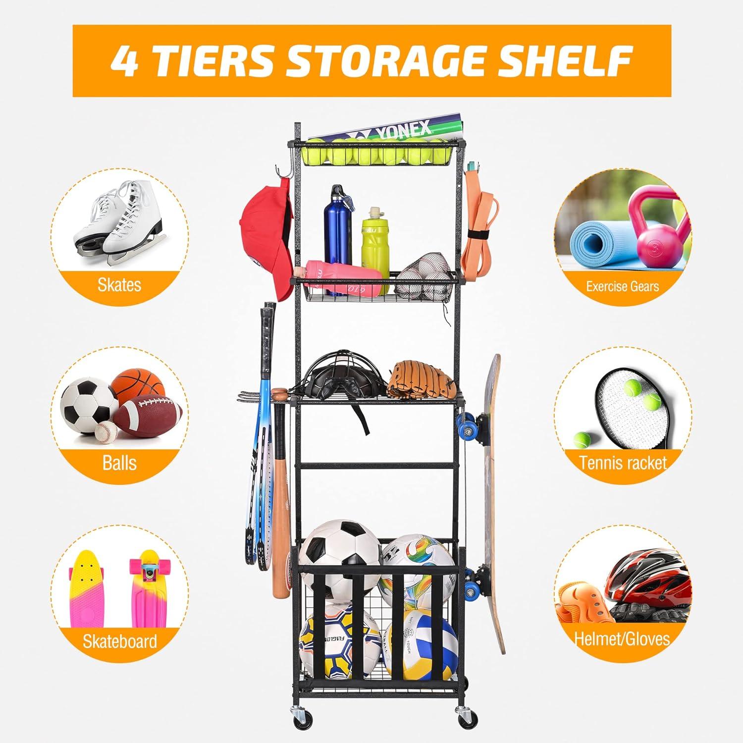 Black Steel Rolling Sports Gear Storage Rack with Mesh Shelves