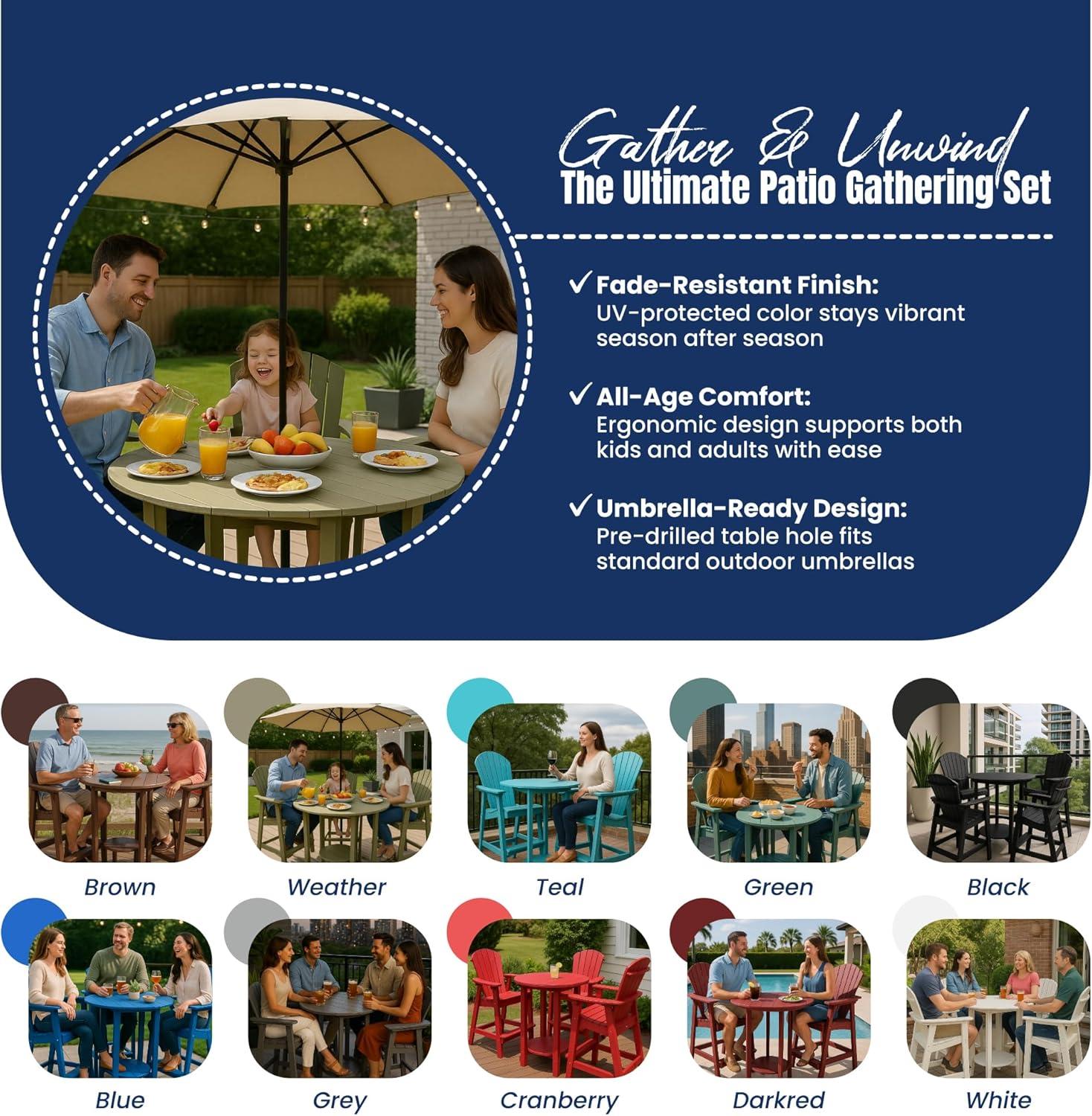 Phat Tommy Outdoor High Top Table and Chairs - Tall Patio Bar Set with 3 Chairs & Round Pub Table - Recycled Poly HDPE Furniture - Waterproof, Fade-Resistant - Made in USA - Multiple Colors