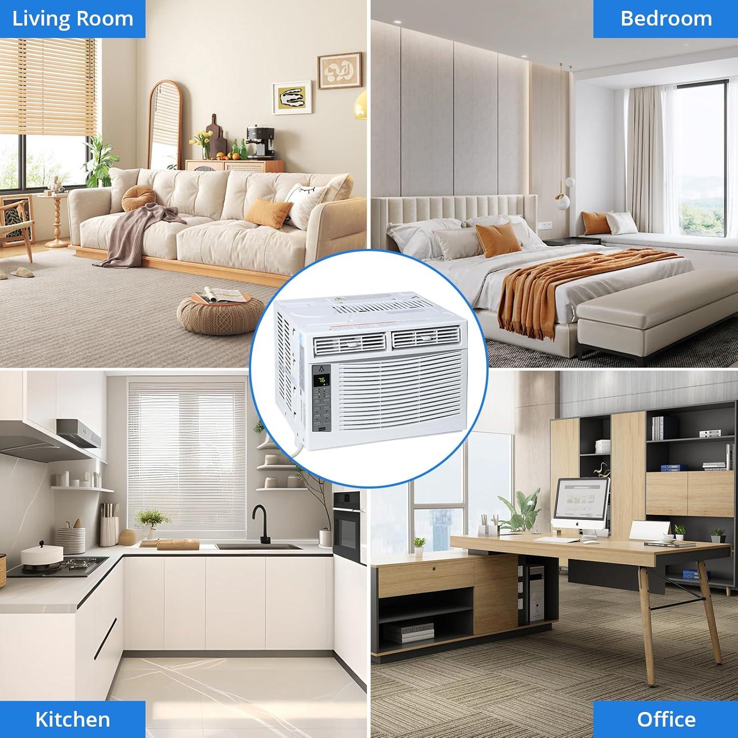 Homhougo 6,000 BTU Window Air Conditioner, 3-in-1 AC Unit (Cooling, Dehumidifying, Fan), Timer, Sleep/ECO Mode, Easy Installation Kit, Cools Rooms Up to 350 Sq.Ft, 115V/60Hz