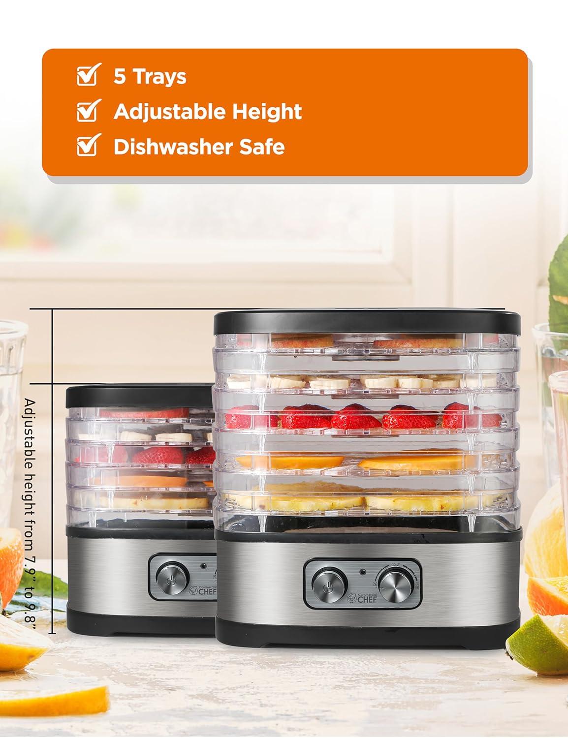 COMMERCIAL CHEF Food Dehydrator with 5 Adjustable Height Trays, Stainless Steel