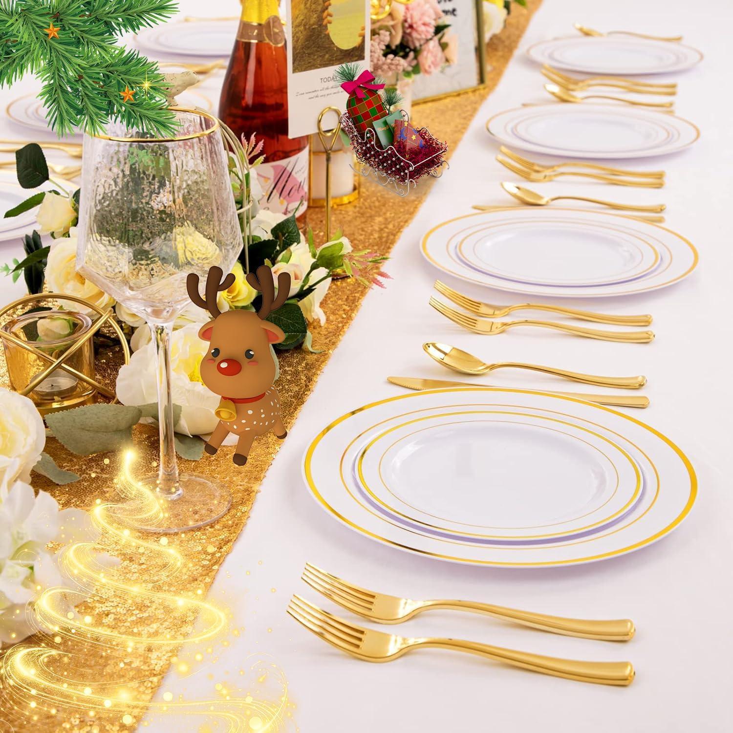 I00000 60pcs Plastic Gold Plates,10.25 inch Gold Rimmed Dinner Plates, White Disposable Plates, Parties or Wedding