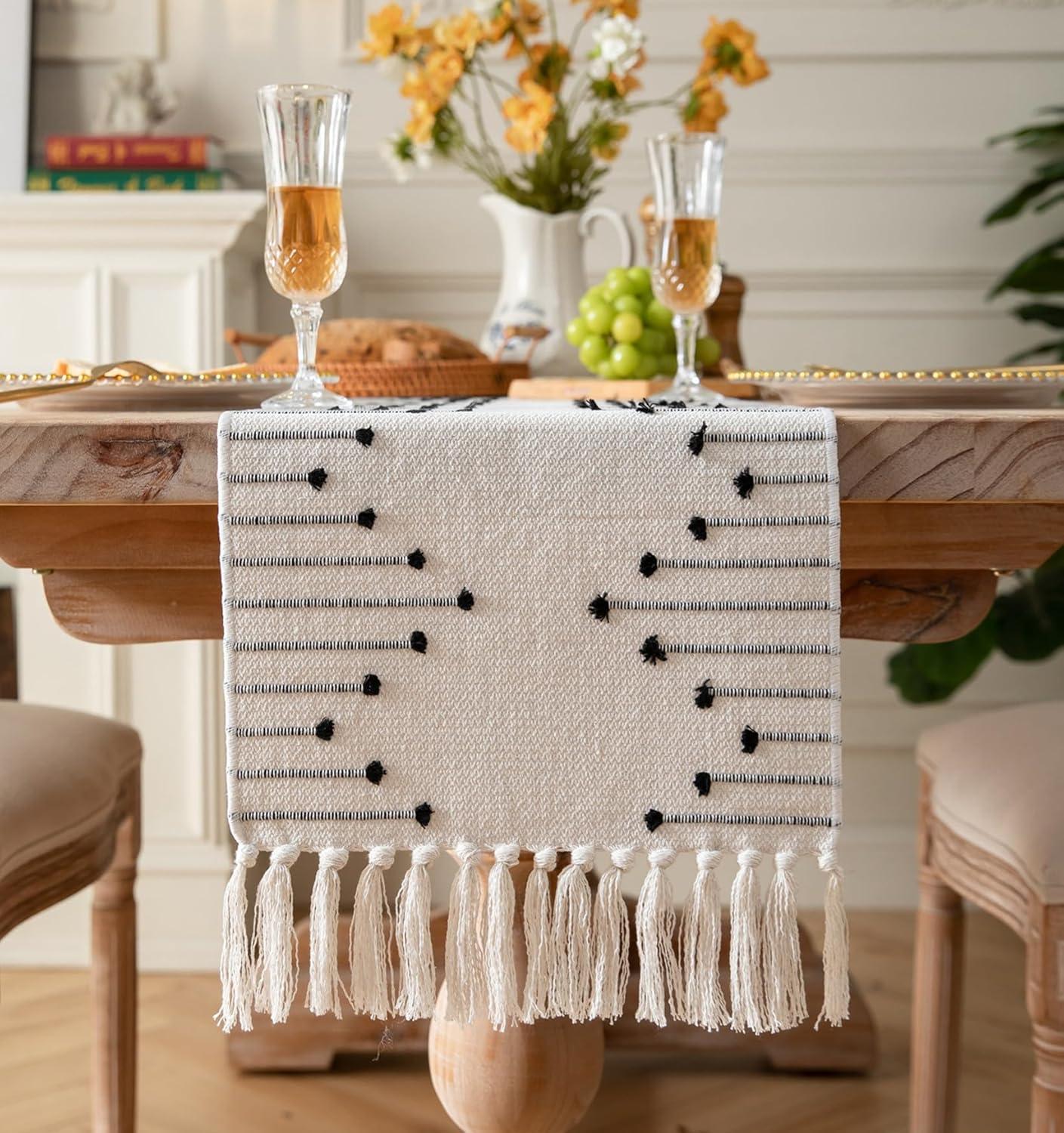 Table Runner 13 X 90 Inch Long Natural Cotton Woven Runner With Tassels For Home Dining Table Décor, For Modern Farmhouse Decor Coffee Table Runner