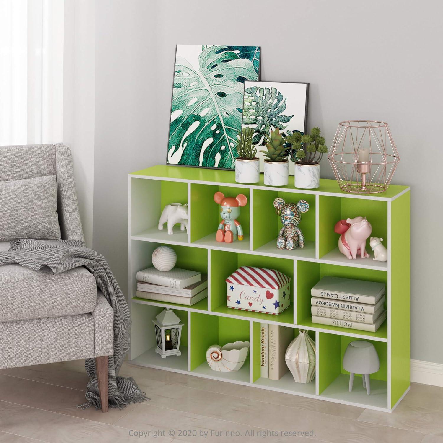 Furinno 3-tier Open Bookcase 11-Cube Floor Standing Storage Shelves Display Cabinet,Green