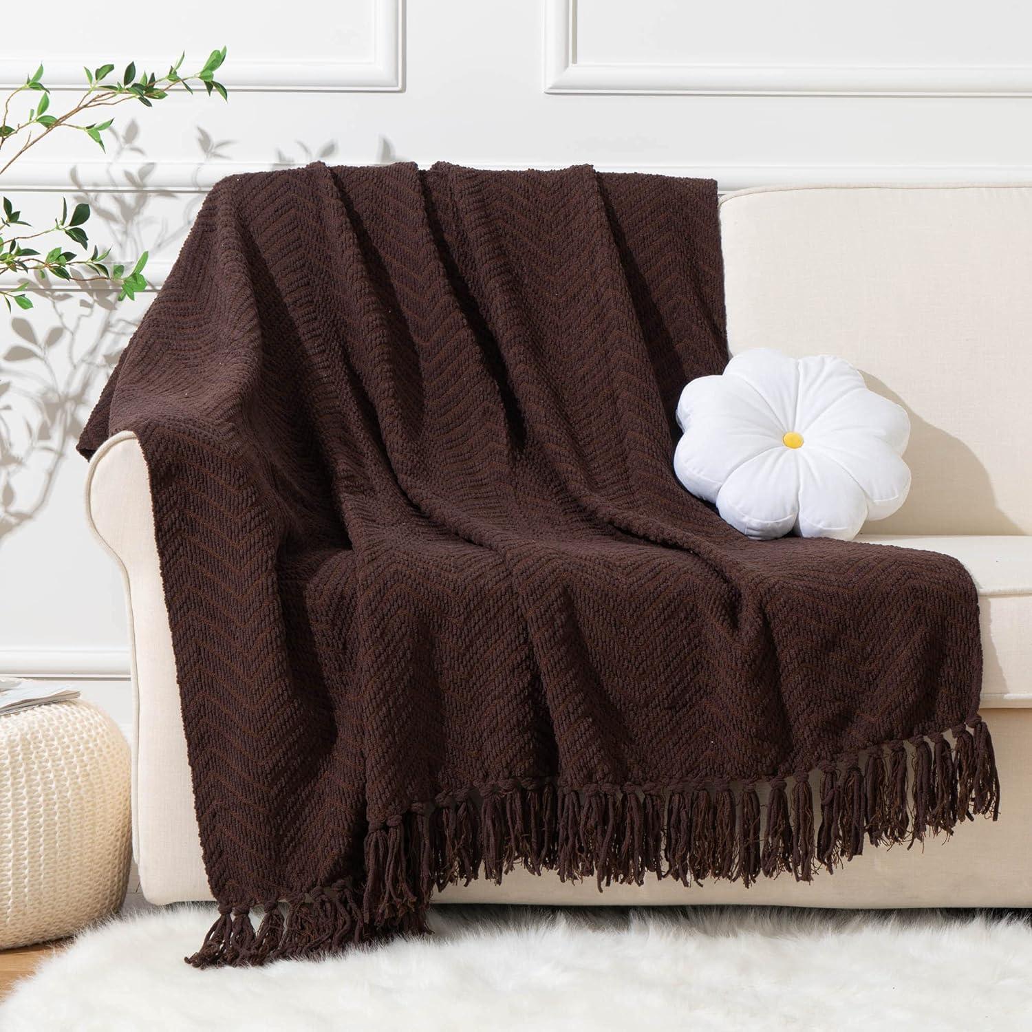 Battilo Dark Brown Throw Blanket for Couch, Knitted Brown Herringbone Throw,Housewarming Gifts,50'' x 60''