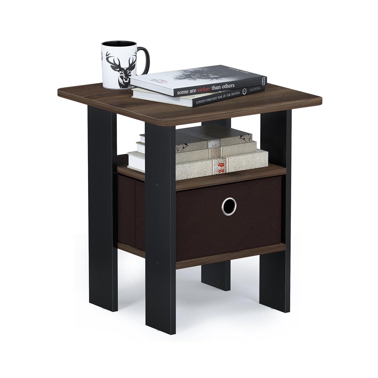 Furinno Andrey End Table Night Stand with Bin Drawer, Columbia Walnut/Dark Brown