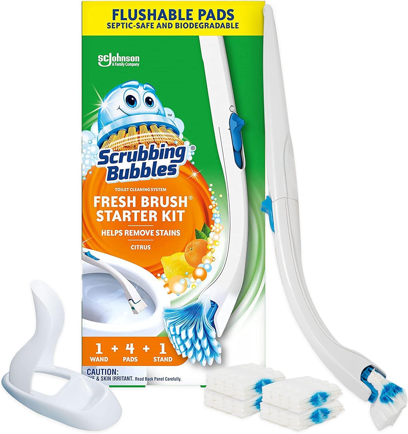 Scrubbing Bubbles Fresh Brush Starter Kit, Citrus - Toilet Cleaning System with Flushable Pads (19 Inch Handle, 4 Pads and 1 Stand)