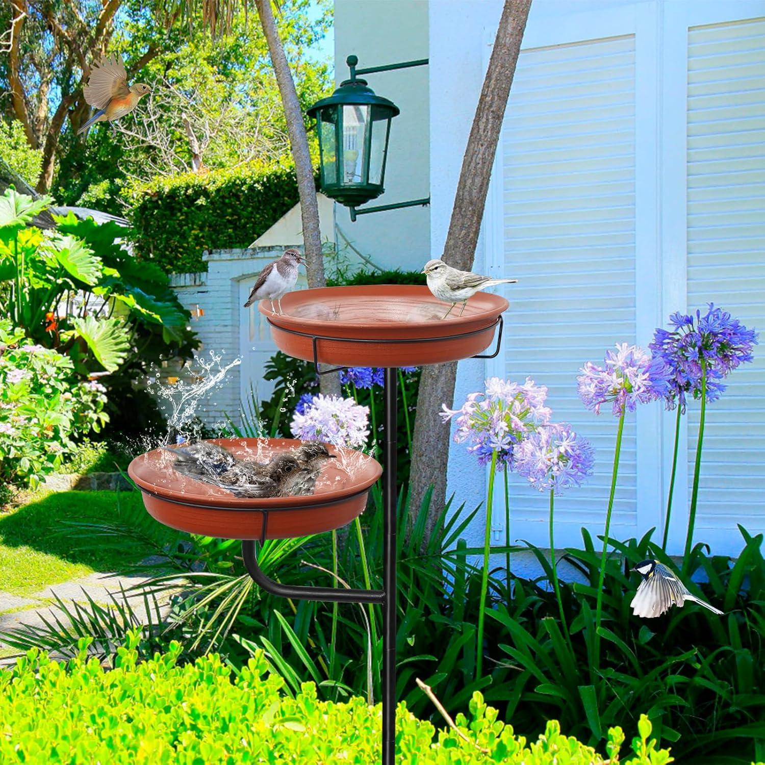 Freestanding Birdbaths Bowl Outdoor, Free Standing Garden Bird Bath Bird Feeder Bowl with Metal Stake, Detachable Decoration Spa Birdfeeder for Garden Patio Yard Lawn, 4 Spiky Feet (Brown)