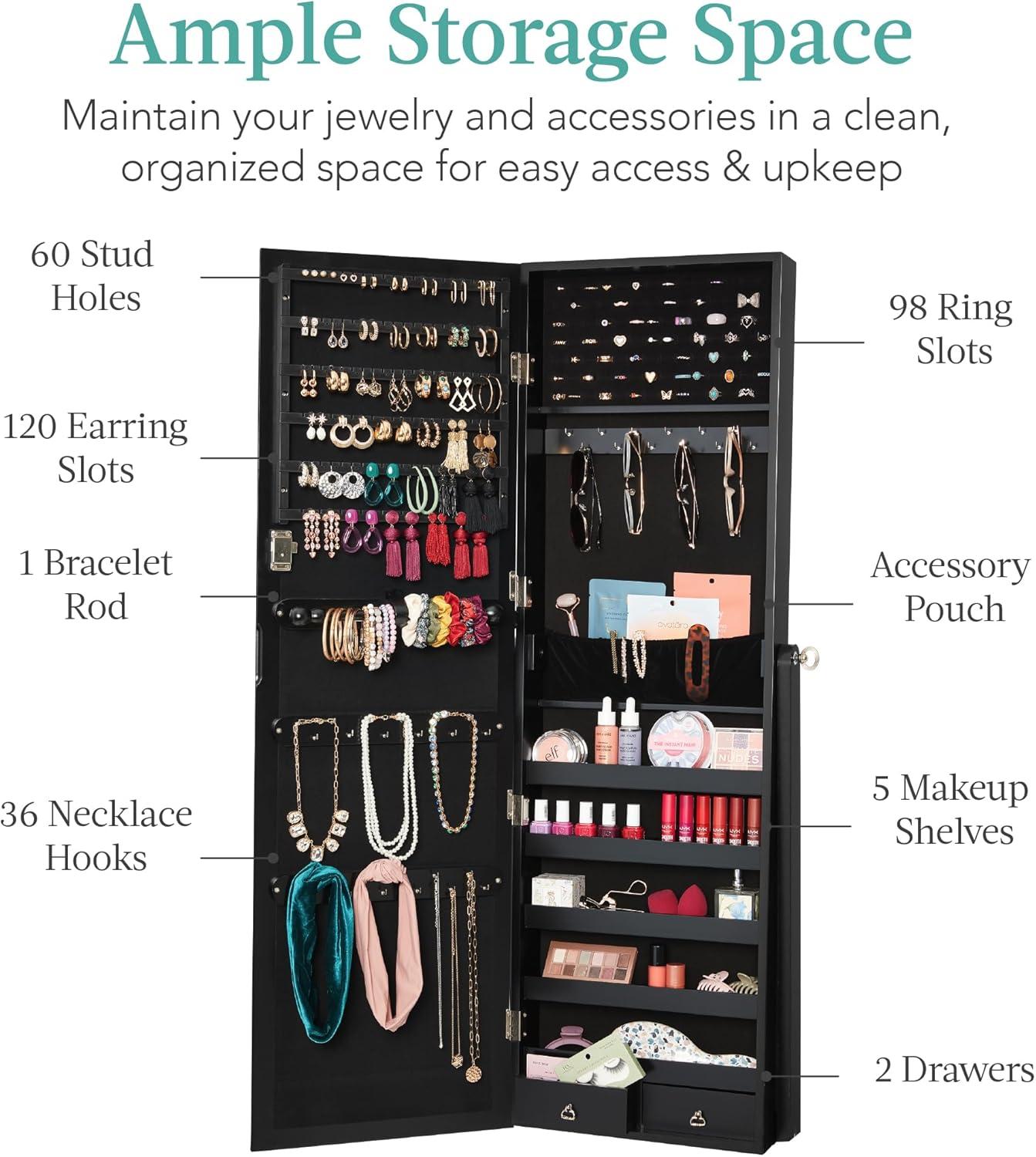 Best Choice Products Jewelry Armoire Cabinet, Full Length Mirror w/ Velvet Storage Interior, Lock