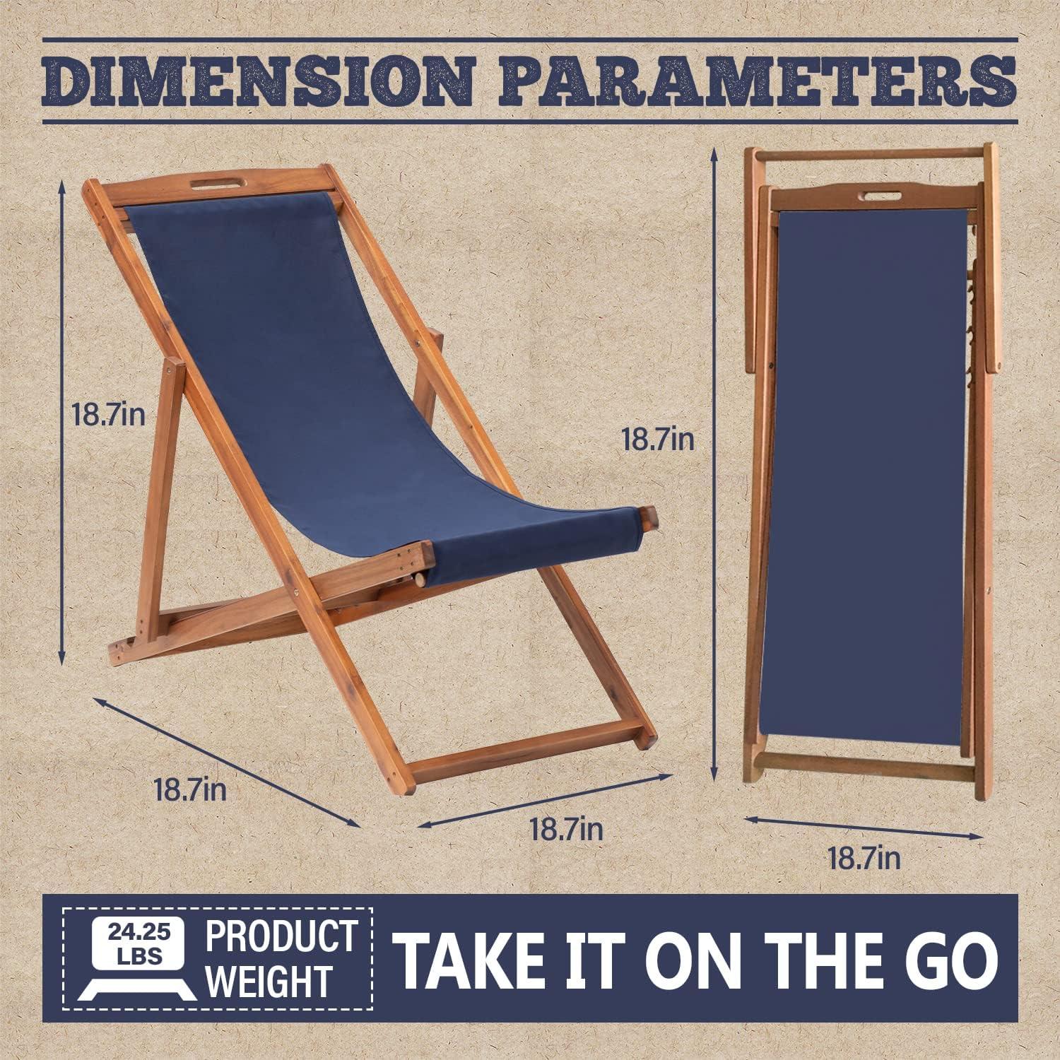 FDW Beach Sling Patio Chair for Relaxing, Foldable with Adjustable Height Made from Eucalyptus Wood with White Polyester,Khaki