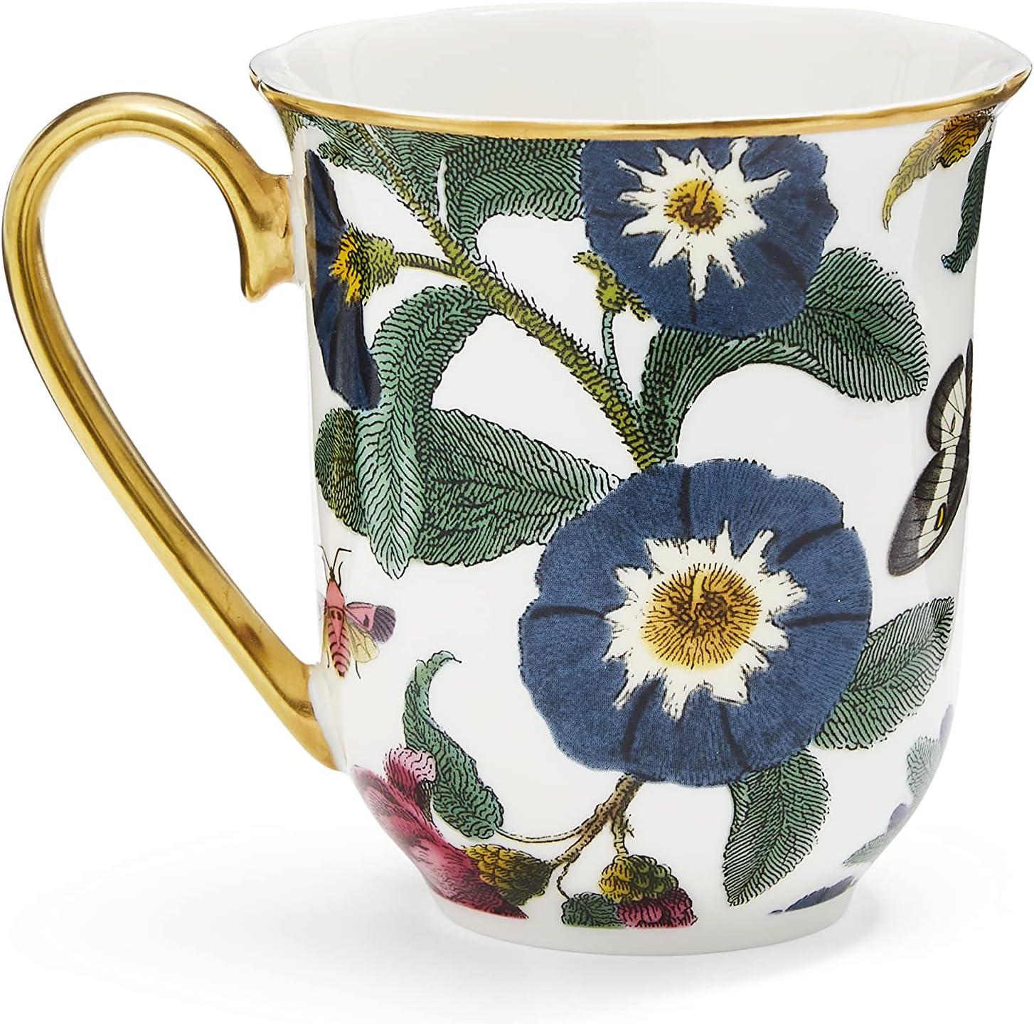 White Floral Ceramic Mug with Gold Handle, 12 Ounce