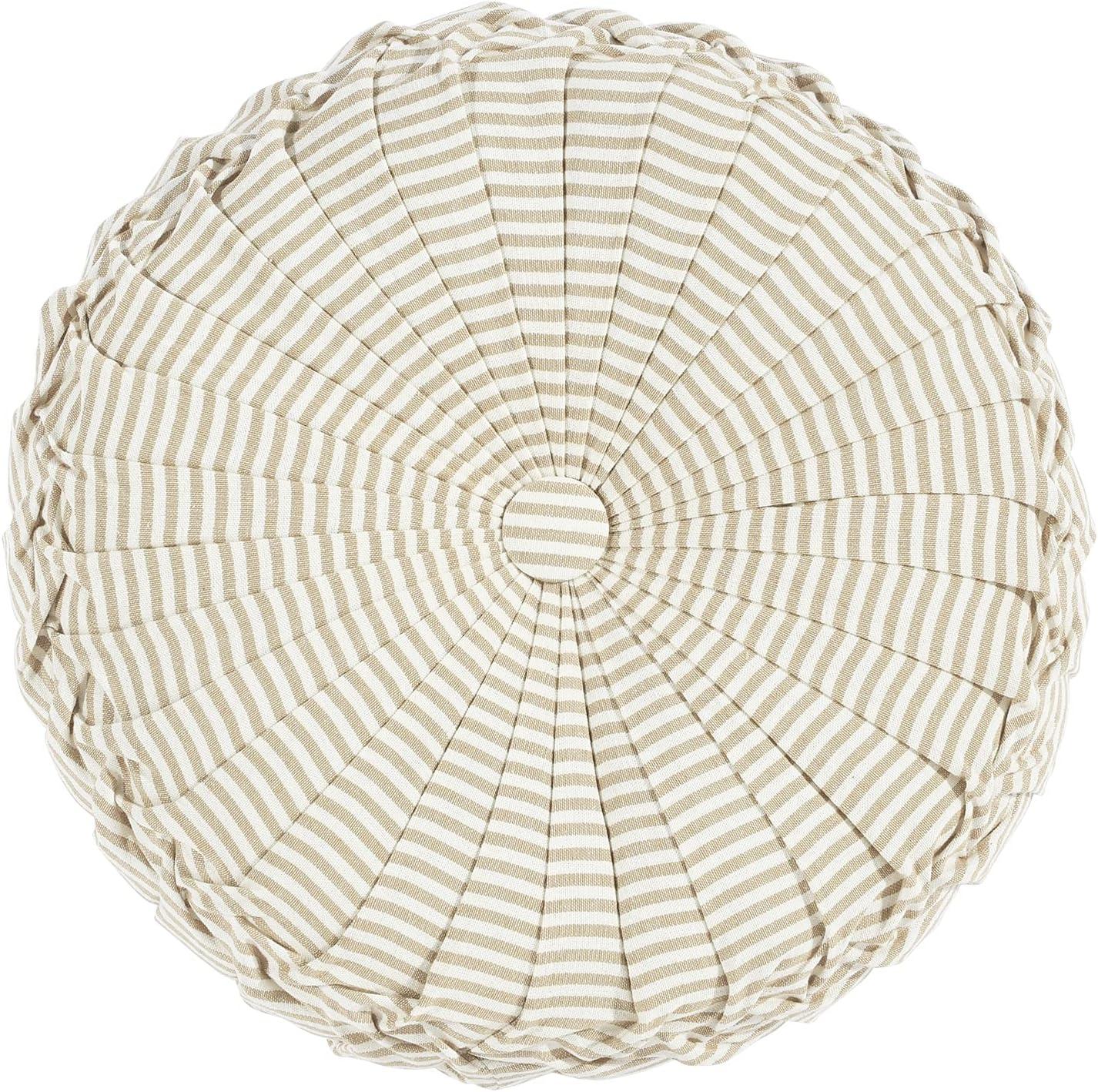 14" Farmhouse Ticking Striped Yarn Dyed Pleated Round Throw Pillow - Lush Décor