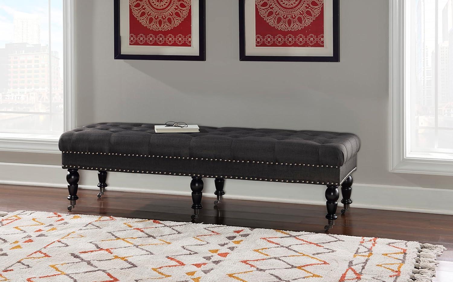 Isabelle 62" Charcoal Linen Upholstered Bench with Silver Nailheads