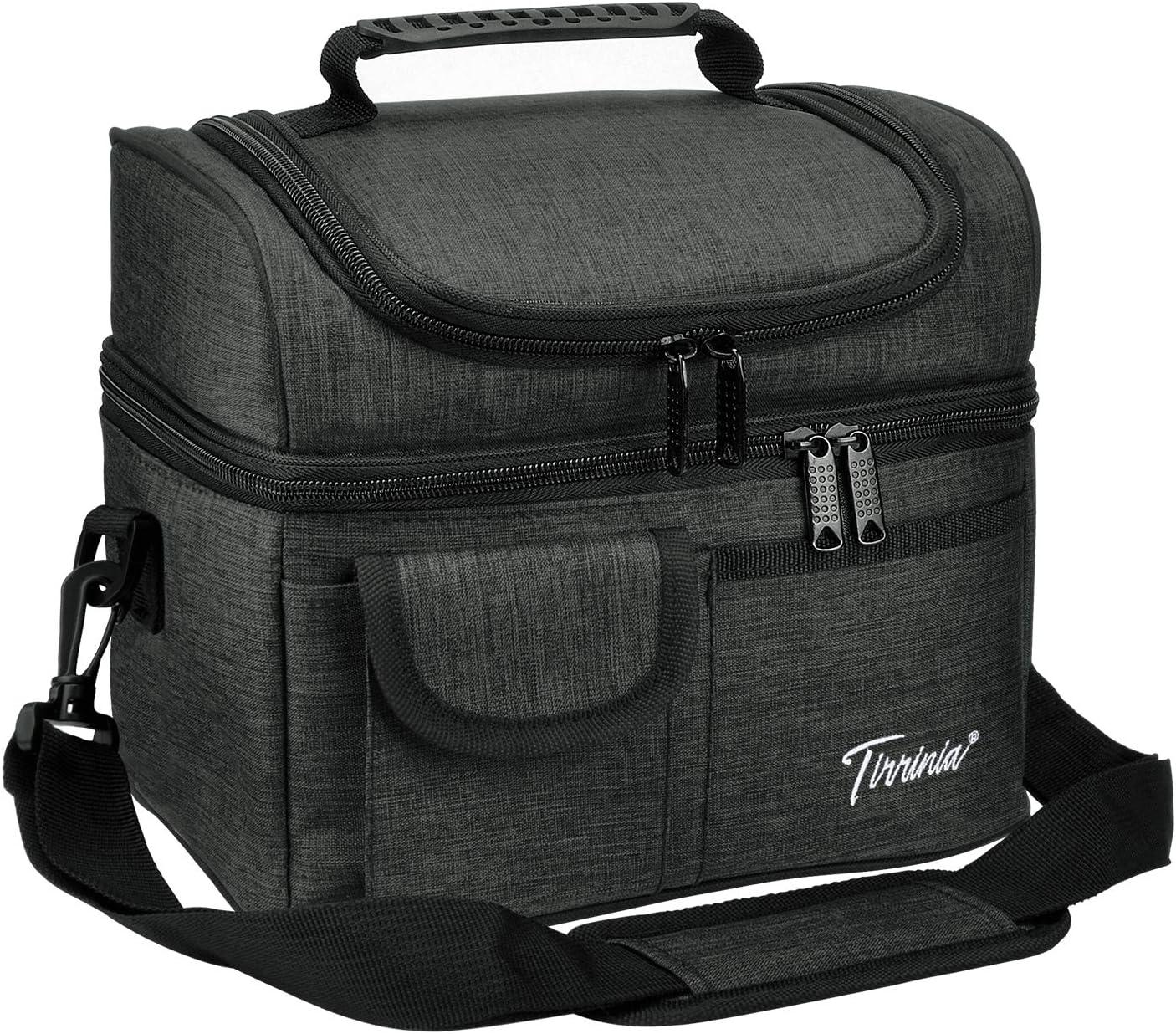 Tirrinia Dual Compartment Lunch Bag with Shoulder Strap for Adults, Large Lunch Bags, Insulated Leakproof Thermal Lunch Totes, Charcoal