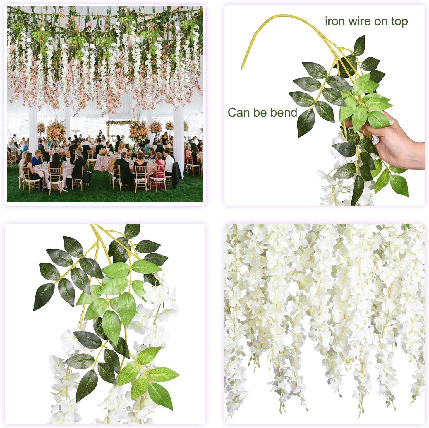 Sinhoon 6 Pack 3.75 Feet/Piece Artificial Fake Wisteria Vine Ratta Hanging Garland Silk Flowers String Home Party Wedding Decor (White)