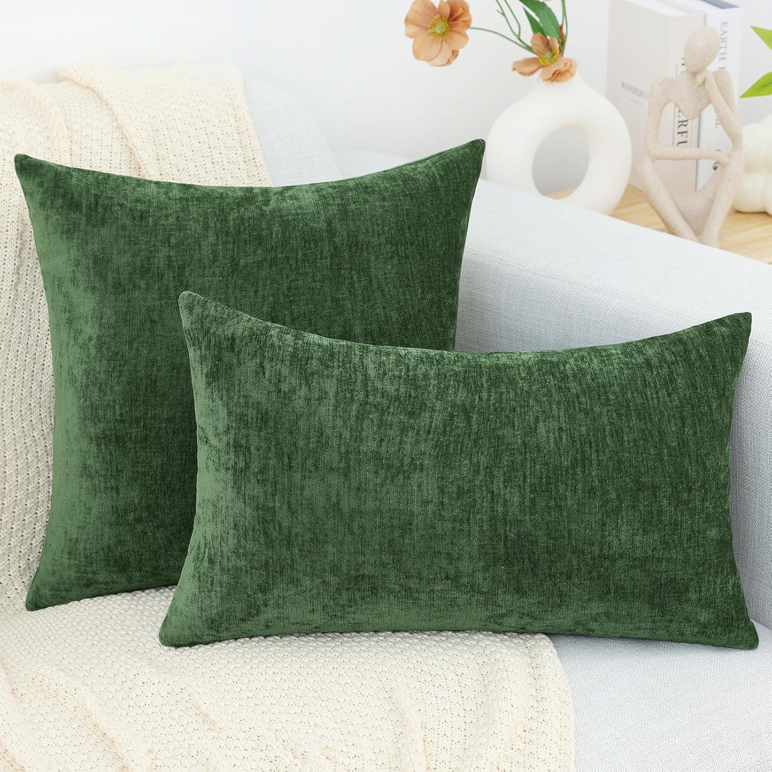 Green Chenille 18x18 Inch Decorative Pillow Covers, Pack of 2