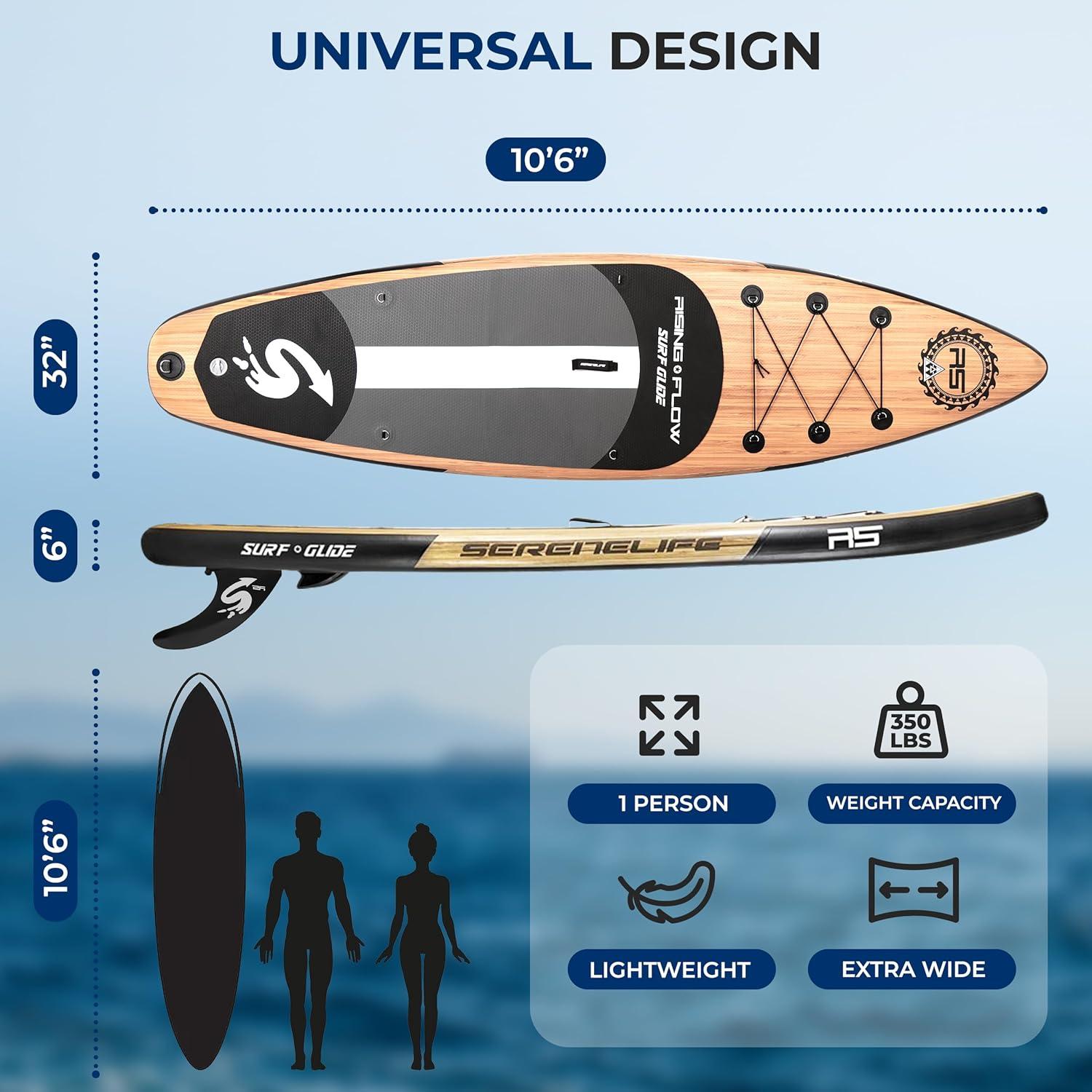SereneLife Serenelife Inflatable Stand Up Paddle Board (6 Inches Thick) With Premium SUP Accessories & Carry Bag | Wide Stance, Bottom Fin For Paddling, Surf Control, Non-Slip Deck | Youth & Adult Standing Boat SLSUPB754